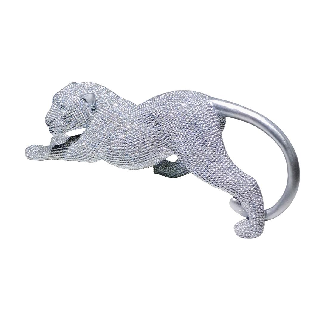 Modern Elegant Silver Leopard Statue, Resin Art Decoration, Lifelike Animal Sculpture for Living Room, Office, Wine Cabinet