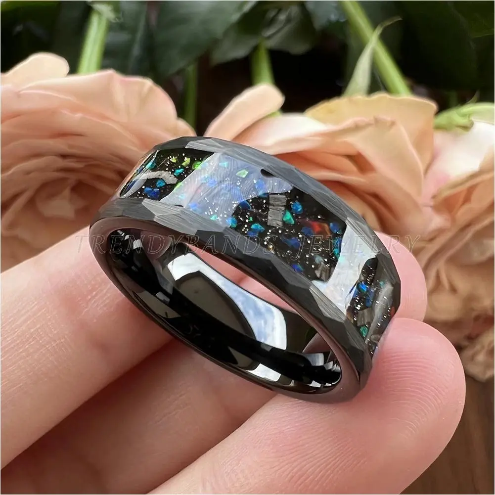 Trendybands Jewelry 8mm Black Hammered Tungsten Ring for Men Women Engagement Wedding Band Real Meteorite Galaxy Opal Inlay
