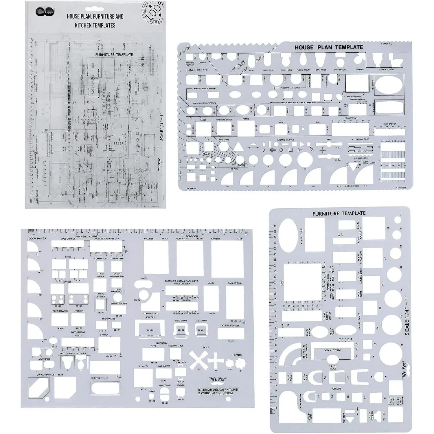 - House Plan, 3 count, Interior Design and Furniture Templates | Clear Flexible Plastic, Drafting Tools, Ruler Shapes for Architecture, 1/4 Inch Scale, Kitchen, Bath, Bedroom, Office