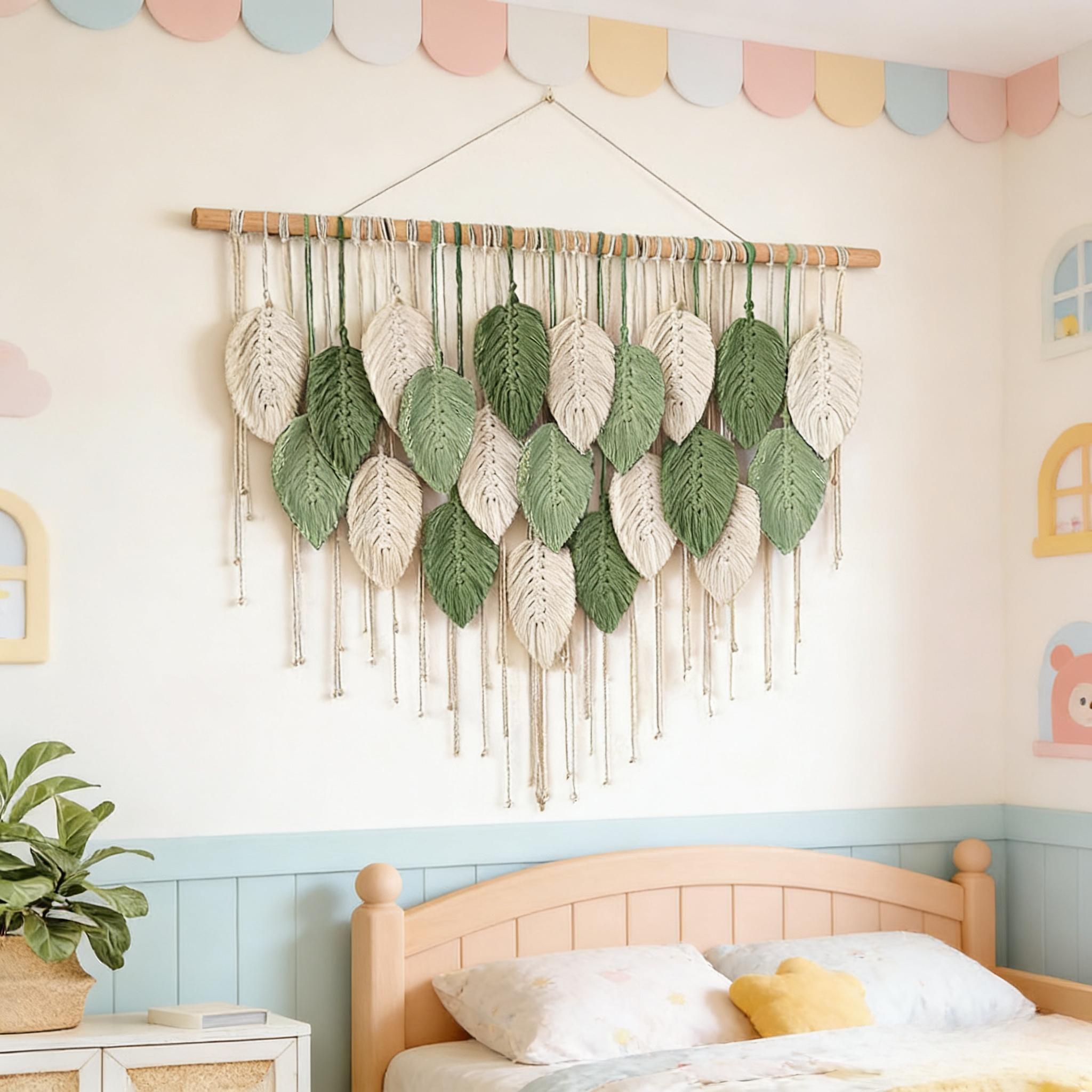Large Handmade Leaf Fringe Wall Hangings, Bohemian Style Macrame Wall Decor, Wooden Stick Wall Art, Bed Headboard Decoration, Above Bed Wall Decor