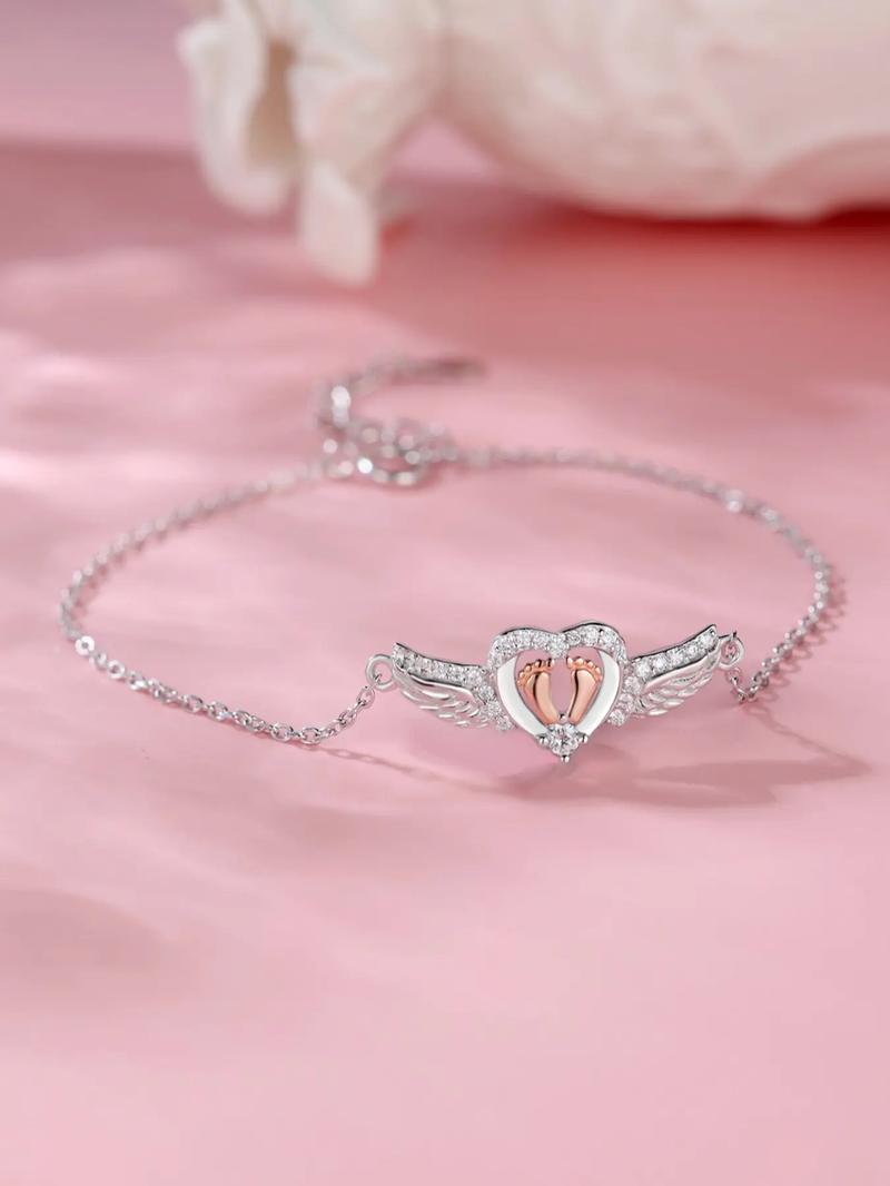 S925 Sterling Silver Wing & Footprint Design Bracelet, Elegant Women's Bracelet, Pretty Bracelet, Fashion Jewelry Accessories for Women & Girls As Gift