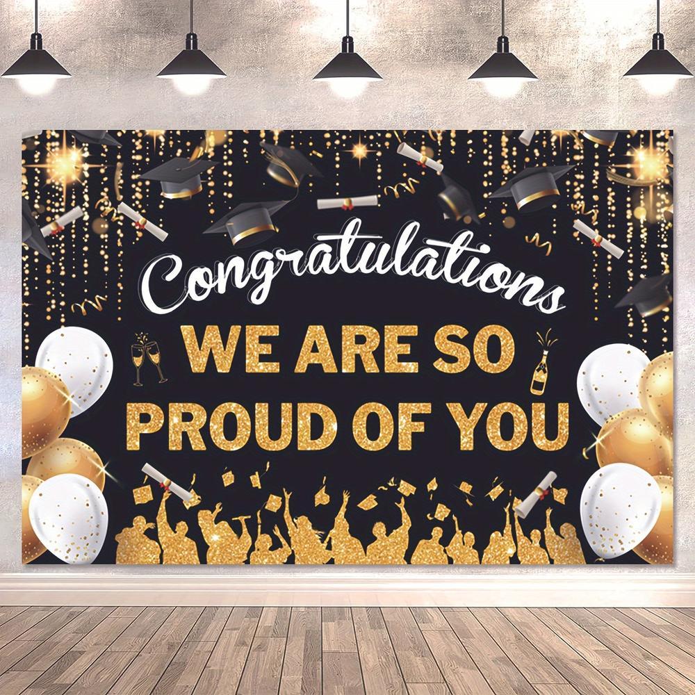 Graduation Party Backdrop Vinyl Banner - 5x3ft Black Bachelor Cap & Golden Balloon Design with "Congrats We Are So Proud of You" for Grad Photos, Prom Decor and Celebratory Events