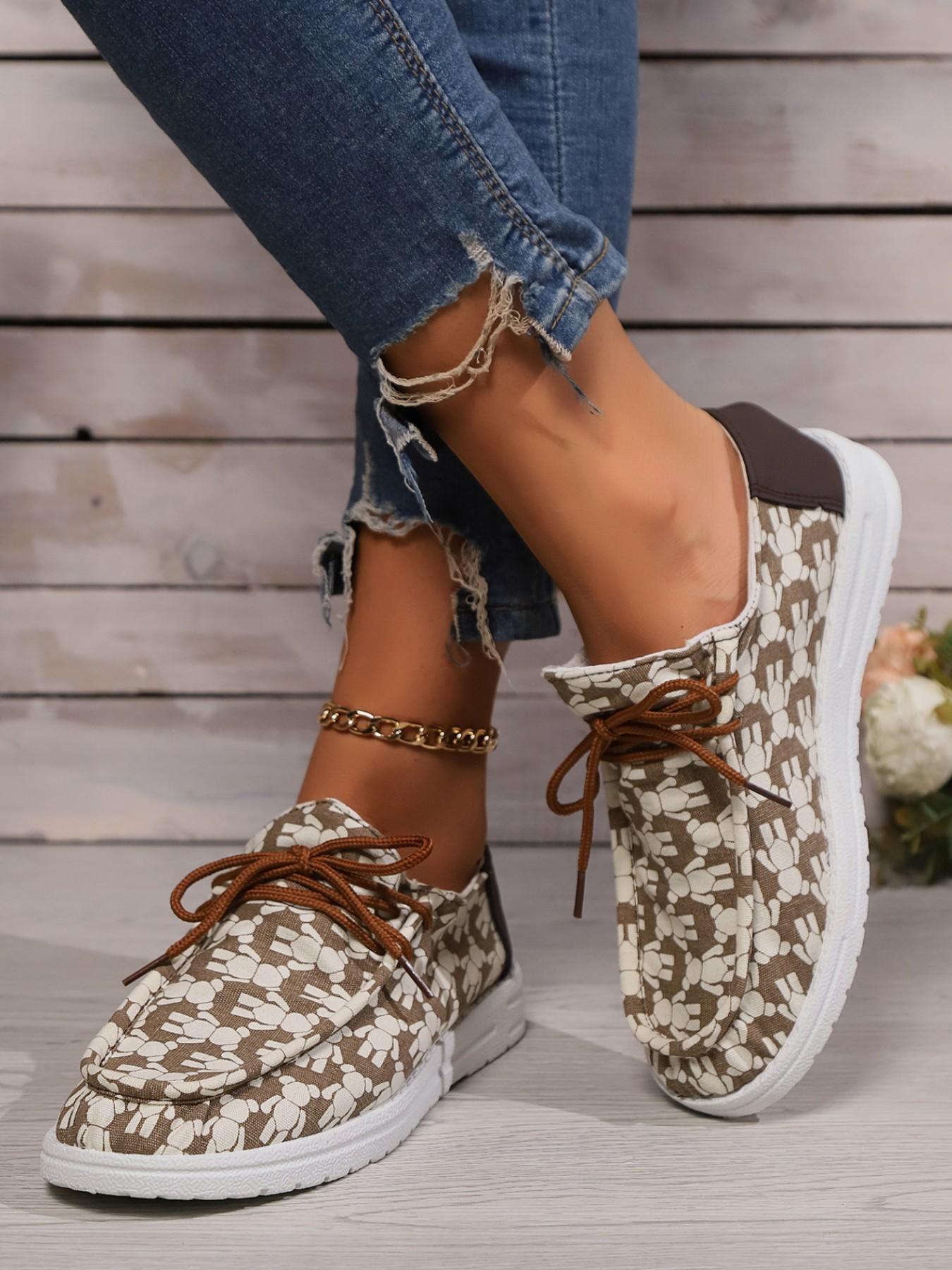 Printed Lace-Up Casual Shoes, Slip-On Loafers, Versatile Commuter Women's Shoes, Comfortable and Stylish Footwear for Daily Wear