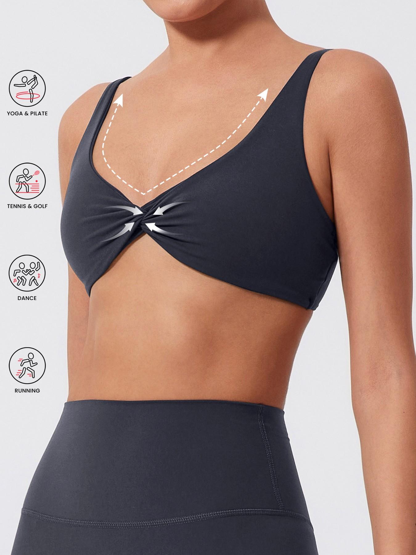 Women's Solid Twist Front Sports Bra, Casual Comfy Breathable High Stretch Yoga Bra, Ladies Sportswear for Indoor Outdoor Wear, Gym Clothes, Activewear, Workout Clothes, Workout Bras