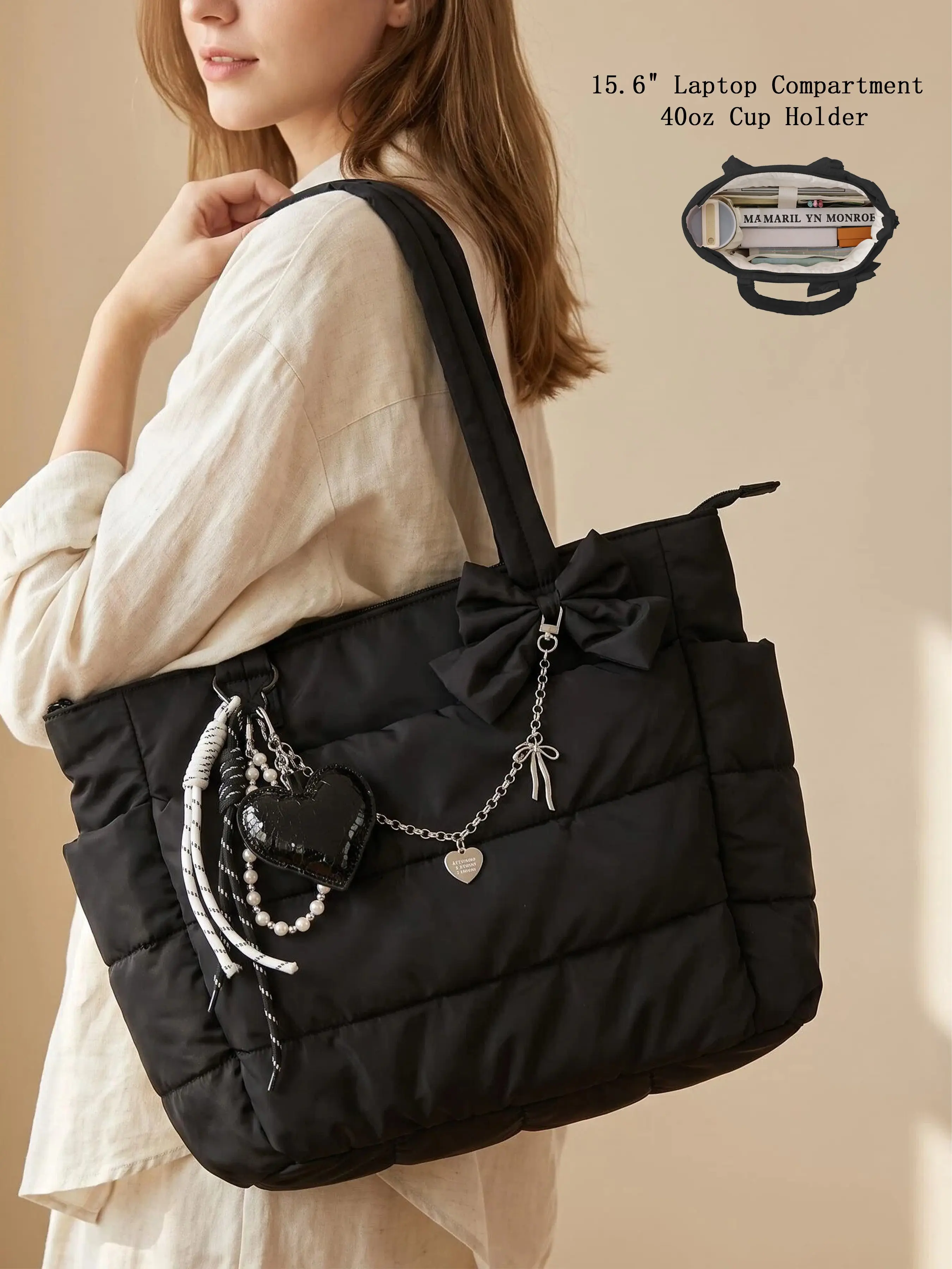 1pc Quilted Puffer Tote Bag with Heart Chain Charm, Puffy Tote Bag for Women, Lightweight Quilted Shoulder Bag with Multi Pockets & Zipper Closure, Large Capacity Travel Work Gym Handbag, Stylish Daily Tote for Shopping & Commuting, Perfect Gift for Mom