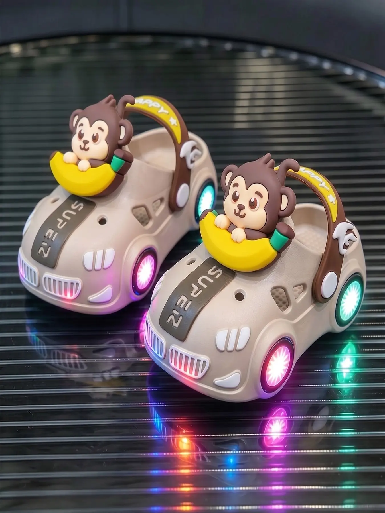 Summer Kids Cartoon Banana Monkey and Glowing Car Style Slippers, Cute Cartoon Slides, Anti Slip Slides, Fun Unisex Slippers with Non-Slip Soft Sole, Cute PVC Material, Below-Ankle Height