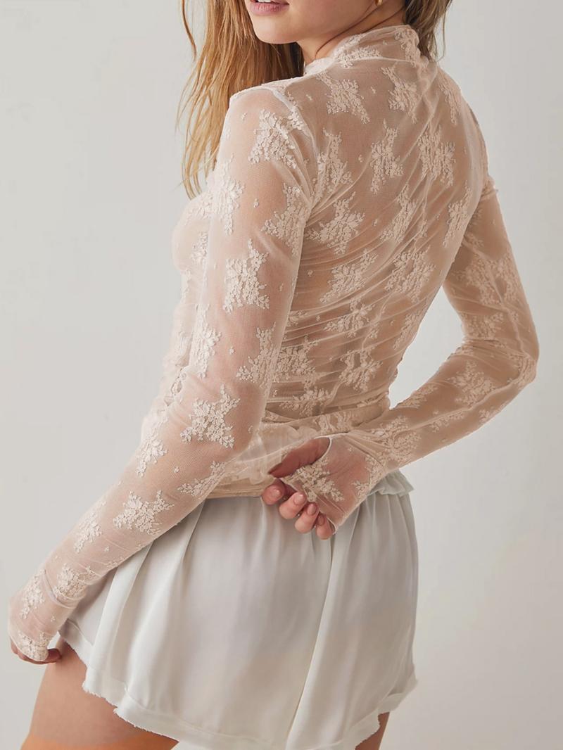 Women's Plus Size Sheer Lace Overlay Long Sleeve Top, Sexy Slim-Fit Summer Fashion Tee, Trendy Plain Color Underlayer Shirt