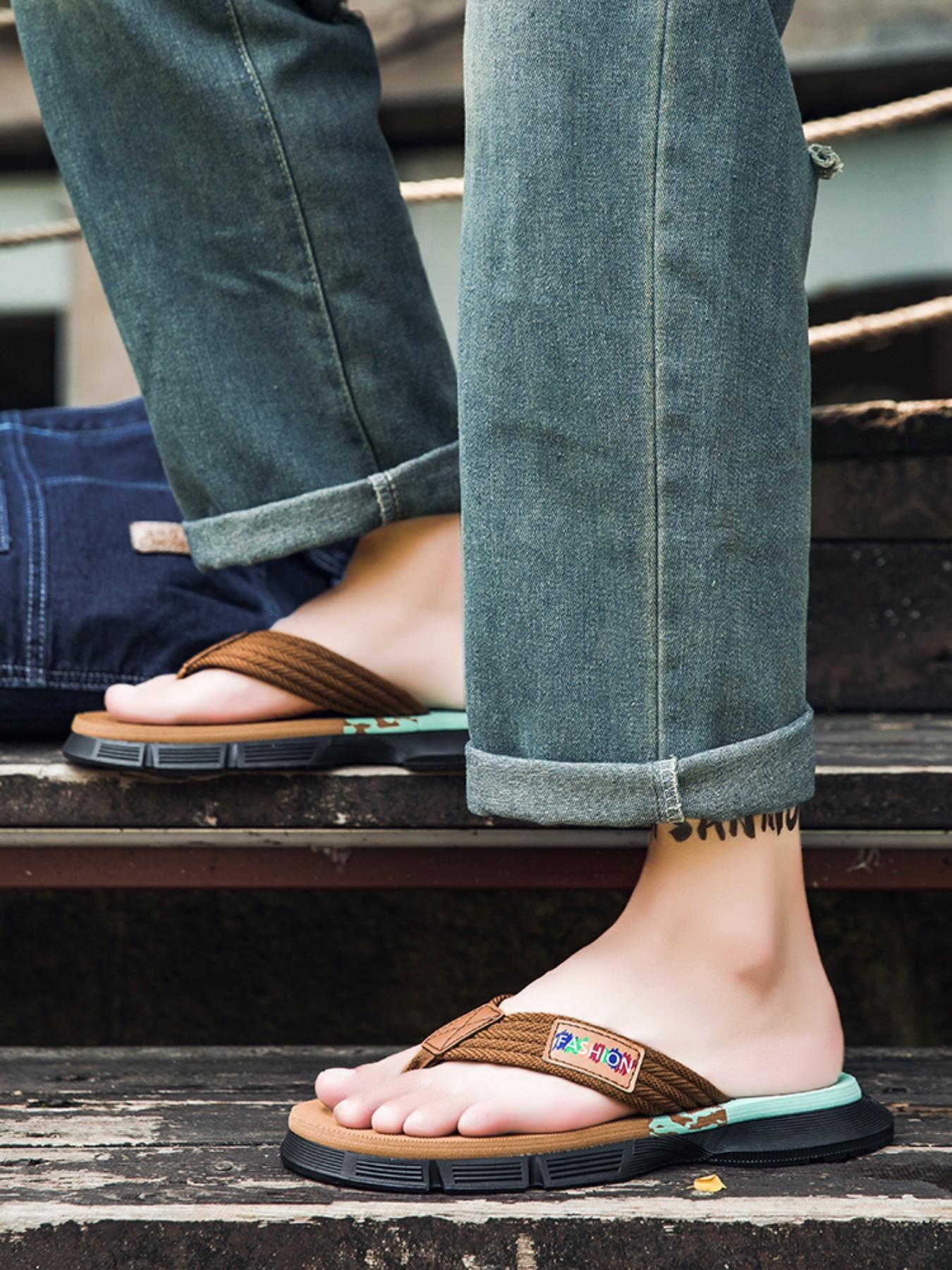 Men's Outdoor Hiking Durable Sandals, Thick Sole Height Boost, Anti-Slip Wear-Resistant, Trendy Casual Beach Slippers, Colorblock Design