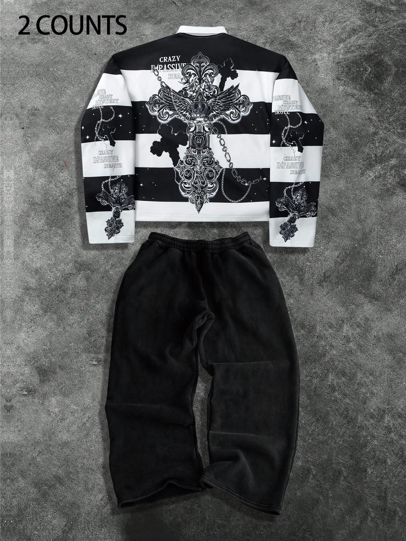 Men’s Gothic Saint Graphic 2-Piece Set – Striped Long Sleeve Polo & Loose Fit Shorts | Dark Streetwear Outfit
