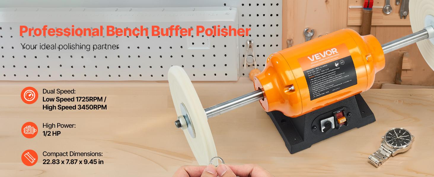 VEVOR 1/2HP Bench Buffer Polisher, 8-inch Bench Polishing Buffing Machine, 1725RPM/3450RPM Dual Speed Benchtop Polisher with 2PCS Cotton Wheels Cast Iron Base for Metal, Jewelry, Wood Polishing