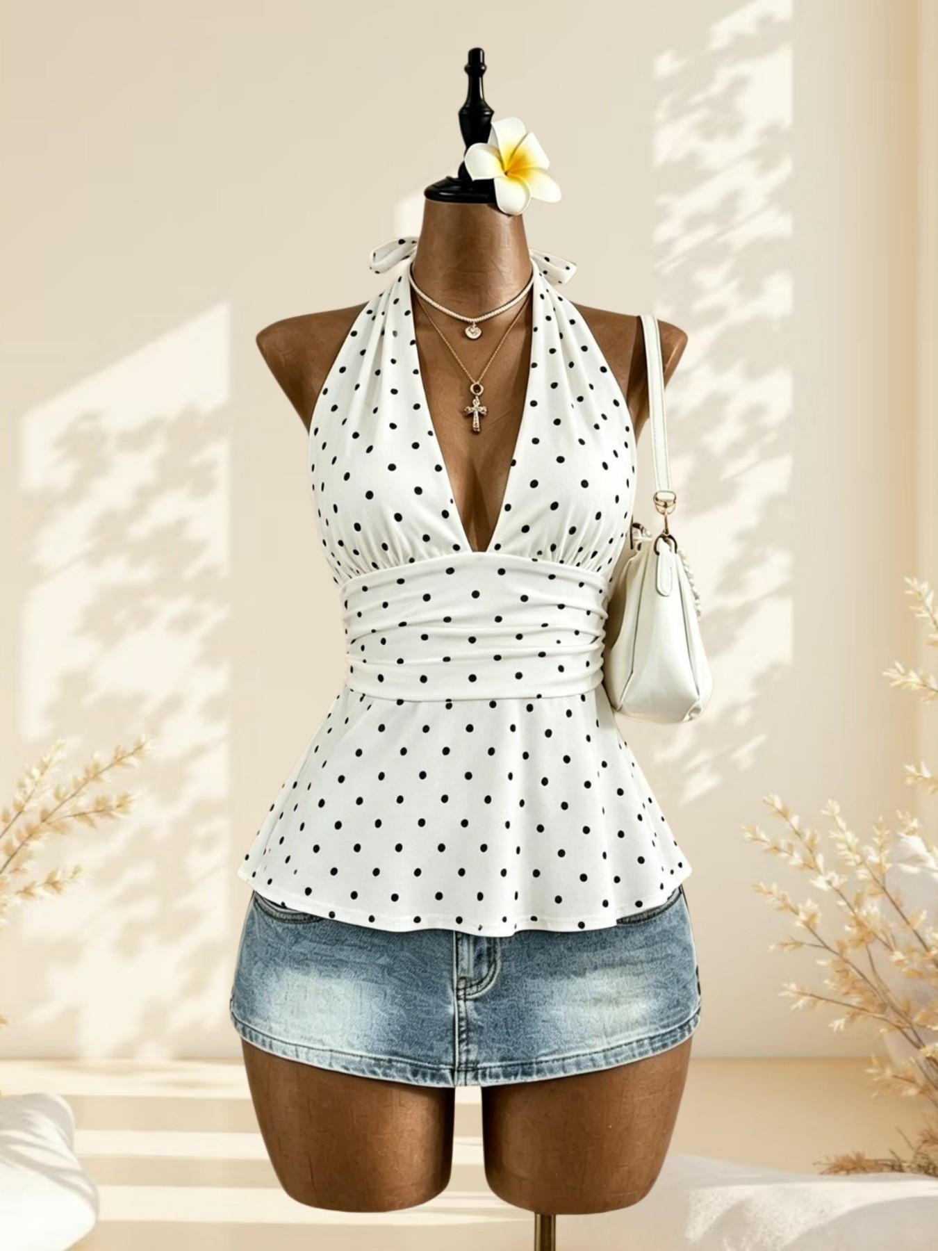 Vintage Sweet Cool Polka Dot Halter Sleeveless Top, Deep V Waist Slimming Ruffle Sexy Shirt, Two Pieces Set, Casual All Seasons Wear Fit