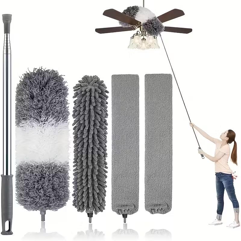 5pcs Retractable Microfiber Dusting Brush Set, Extendable microfiber duster, Home cleaning tool, Household cleaning tool, Reusable, Bendable Handle, 30-110inch, with Extension Pole, for Cleaning High Ceiling Fans, Furniture, Cars, Bathrooms, Kitchens