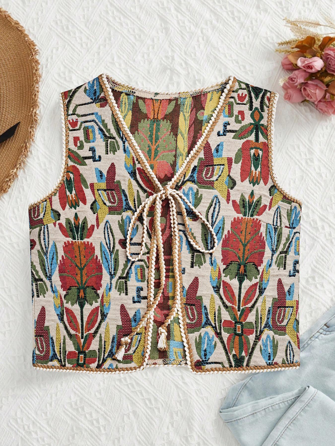 Women's Floral Pattern Tie Front Fitted Lightweight V Neck Vest, Boho Sleeveless Outerwear for Beach Vacation Holiday, Ladies Clothes for All Seasons
