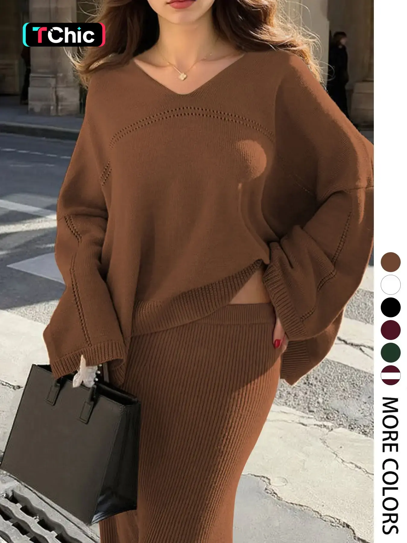 Elegant Women's Fall Winter Fashion Casual Home Wear, Loose Knit V Neck Long Sleeve Pullover and Ribbed Midi Skirt Set, Two-Piece
