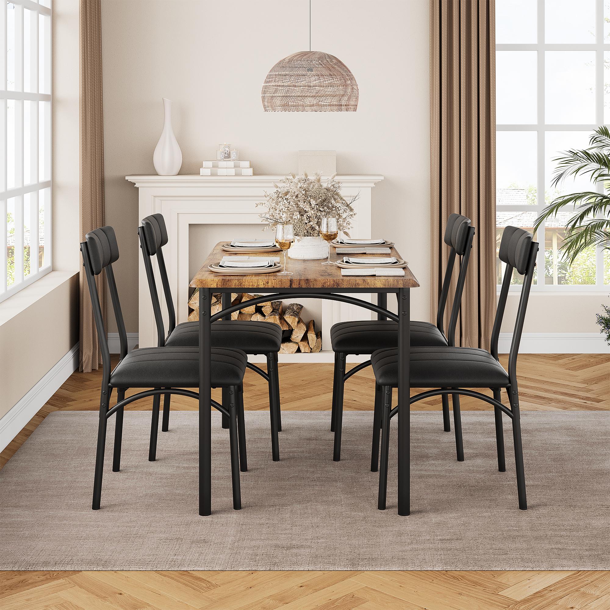 Dining Table Set for 4, Kitchen Table and Chairs, Metal and Wood Rectangular Dining Room Table Set with 4 Upholstered Chairs, 5 Piece Dining Set for Small Space, Apartment, Rustic Brown,Black,Grey Furniture Modern Home