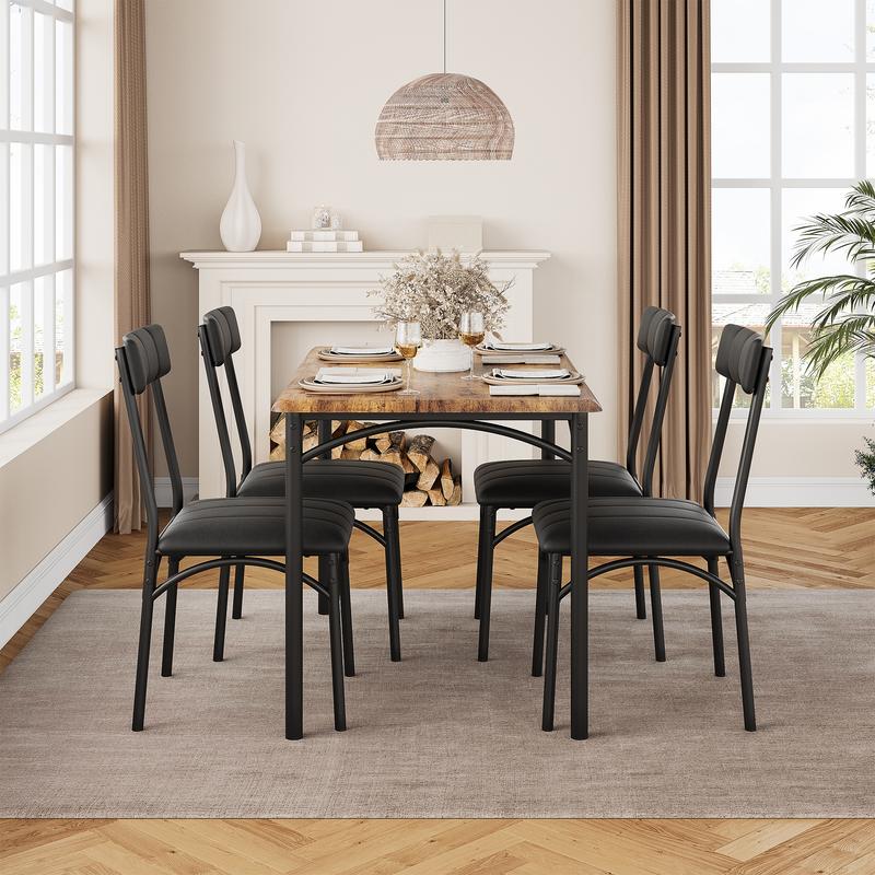 Dining Table Set for 4, Kitchen Table and Chairs, Metal and Wood Rectangular Dining Room Table Set with 4 Upholstered Chairs, 5 Piece Dining Set for Small Space, Apartment, Rustic Brown,Black,Grey Furniture Modern Home