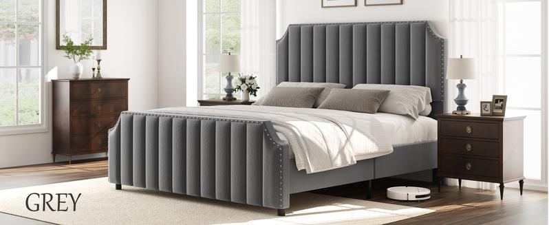 Queen Size Platform Bed Frame with 50.2" Headboard, Velvet Upholstered Bed Frame Queen with Vertical Channel Tufted Headboard & Footboard, Nailhead Trim, No Box Spring Needed, Cream
