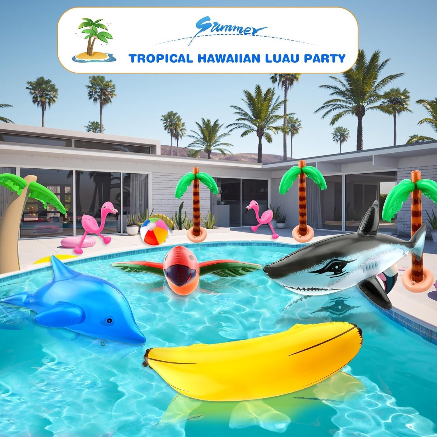 9-Piece Inflatable Hawaii Party Set, Includes Coconut Trees, Beach Balls, Parrot, Flamingo, Banana, Dolphin, Pump, for Beach Pool Adult Parties