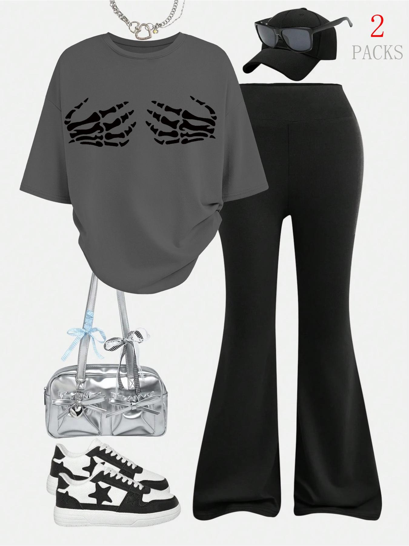 Women's Loose Casual Round Neck Short Sleeve Top, Slim Fit Bell Bottoms, Skull Print, Perfect for All Seasons, Shopping, Travel, Outdoor Sports