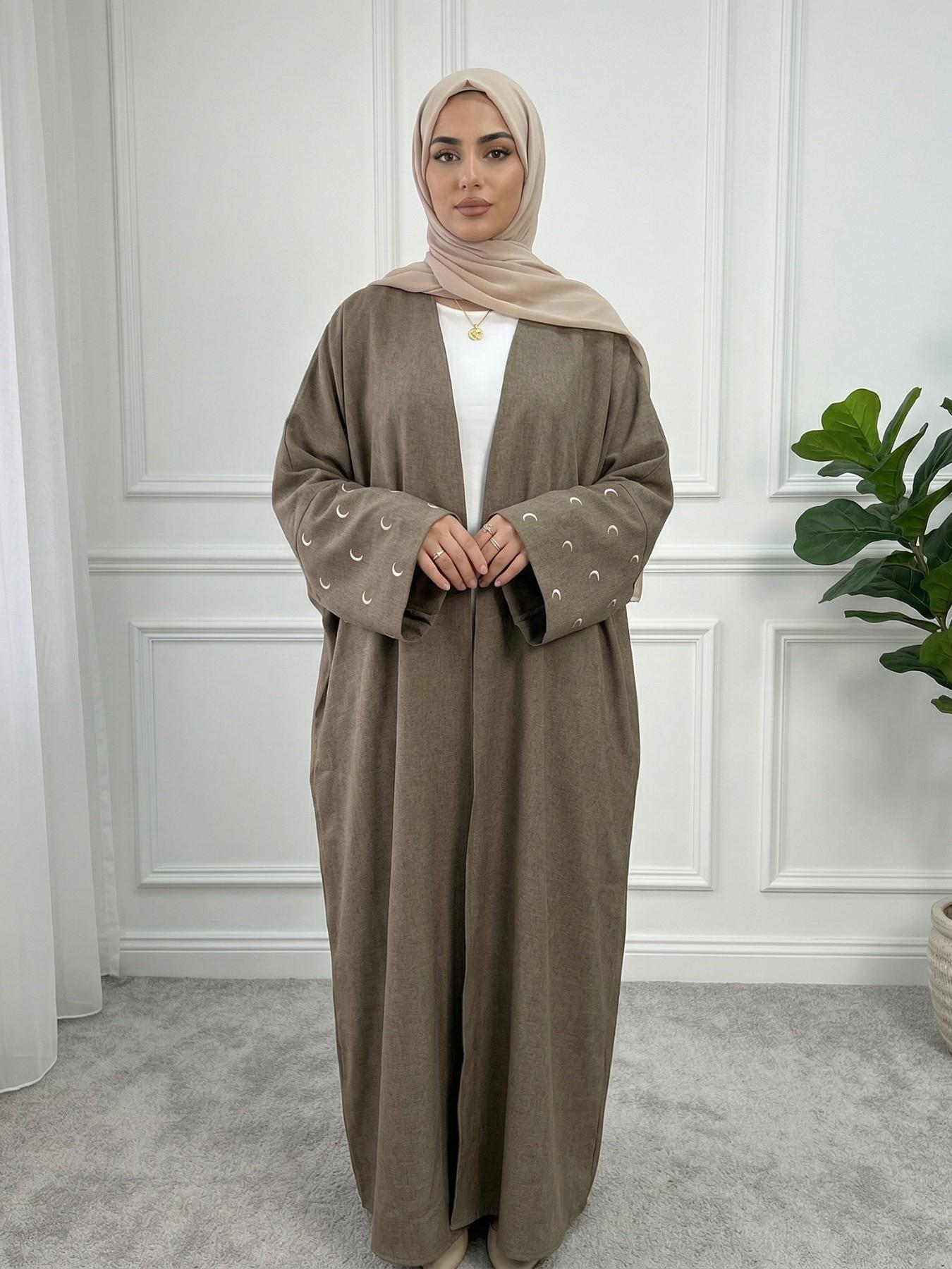 Arabic Clothing- Women's Moon Embroidery Abaya without Hijabs, Summer Outfits 2024, Modest Casual Long Sleeve Open Front Muslim Abaya, Islamic Clothing
