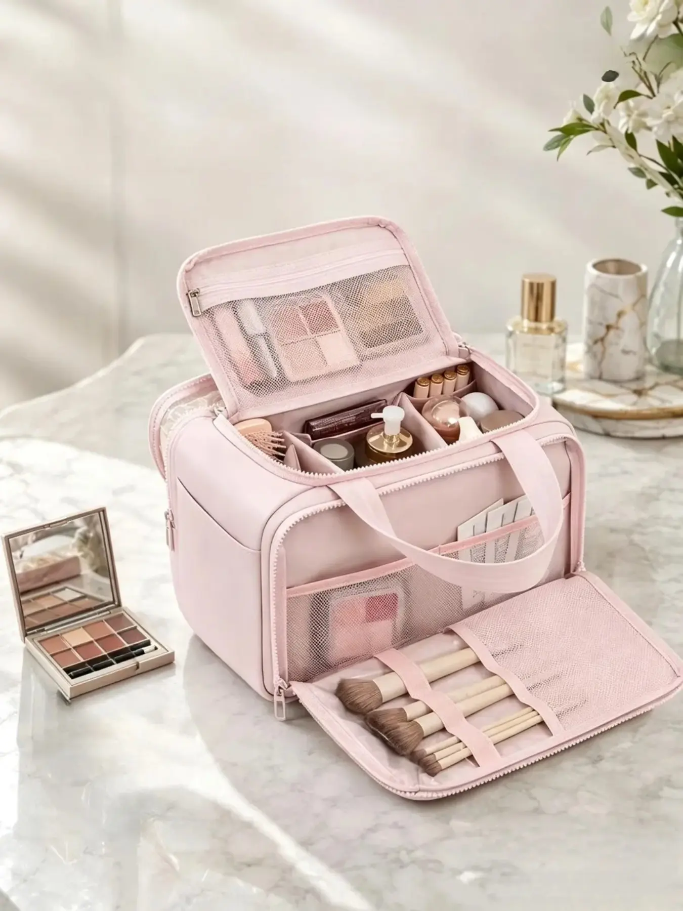 1Pc Large Capacity Travel Makeup Bag, Makeup Pouch, Pink Portable Cosmetic Organizer Case with Multiple Compartments, Mesh Pocket & Brush Holder, Waterproof Toiletry Storage Bag for Women Travel Daily Use