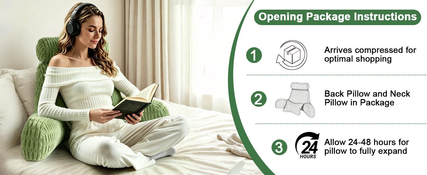 Reading Pillow for Bed, Back Rest Bed Pillow for Sitting Up(Green,Standard)| Back Pillows for Bed Sitting Up with a Cylindrical Pillow and Lumbar Pillow, Sitting Pillow for Bed Chair Pillow,18in