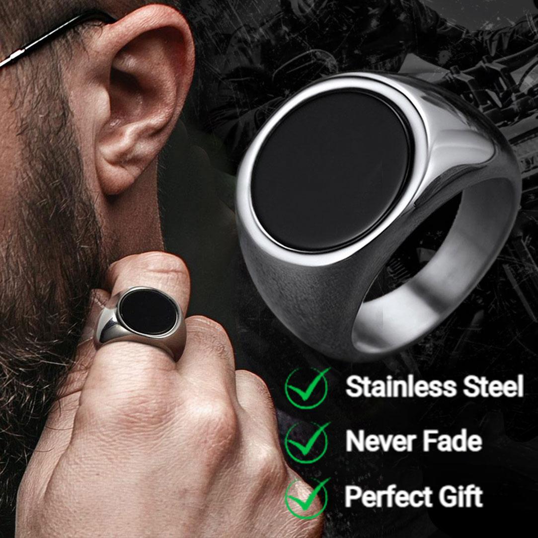 FaithHeart Round Black Onyx Signet Ring for Unisex Stainless Steel Father's Day gift