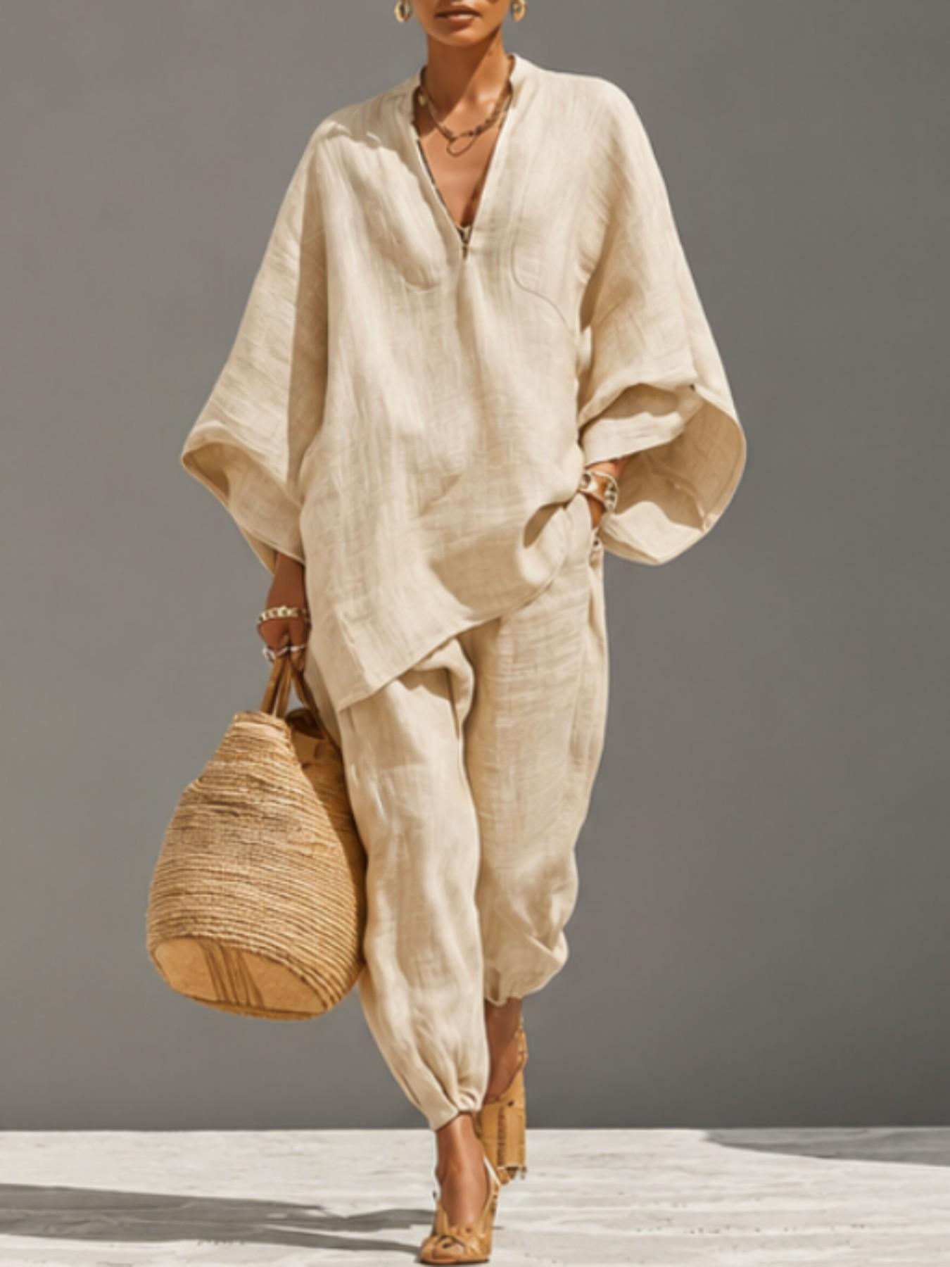 Women's Summer Loose Fit Solid Linen Deep V Neck Batwing Sleeve Pants Set, Casual Long Length, Comfortable Daily Wear, Multiple Colors Available
