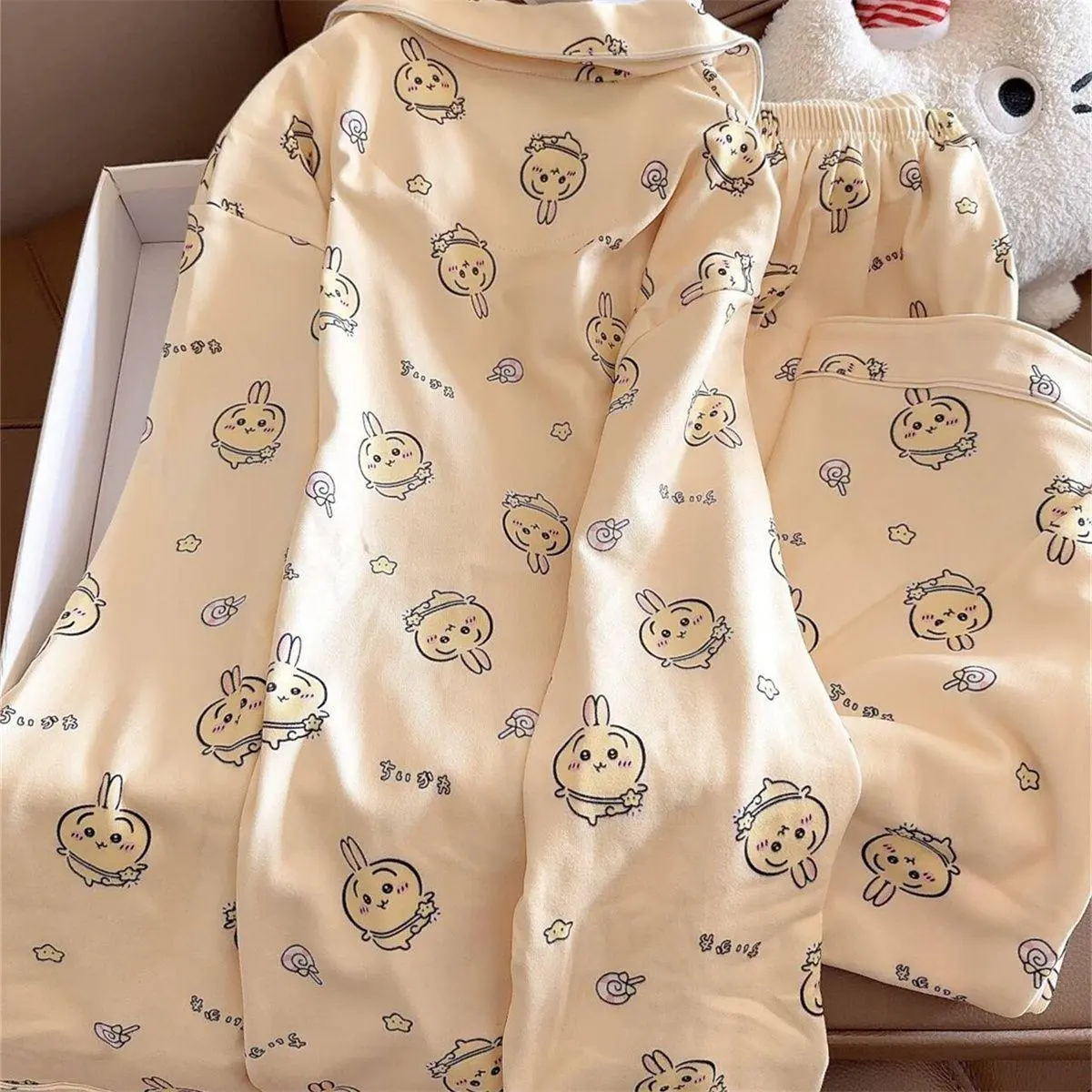 Usagi Chiikawa Pajamas Set Women Autumn Winter Fleece Thickened Warm Kawaii Loungewear Home Sleepwear for Girls Students Gift