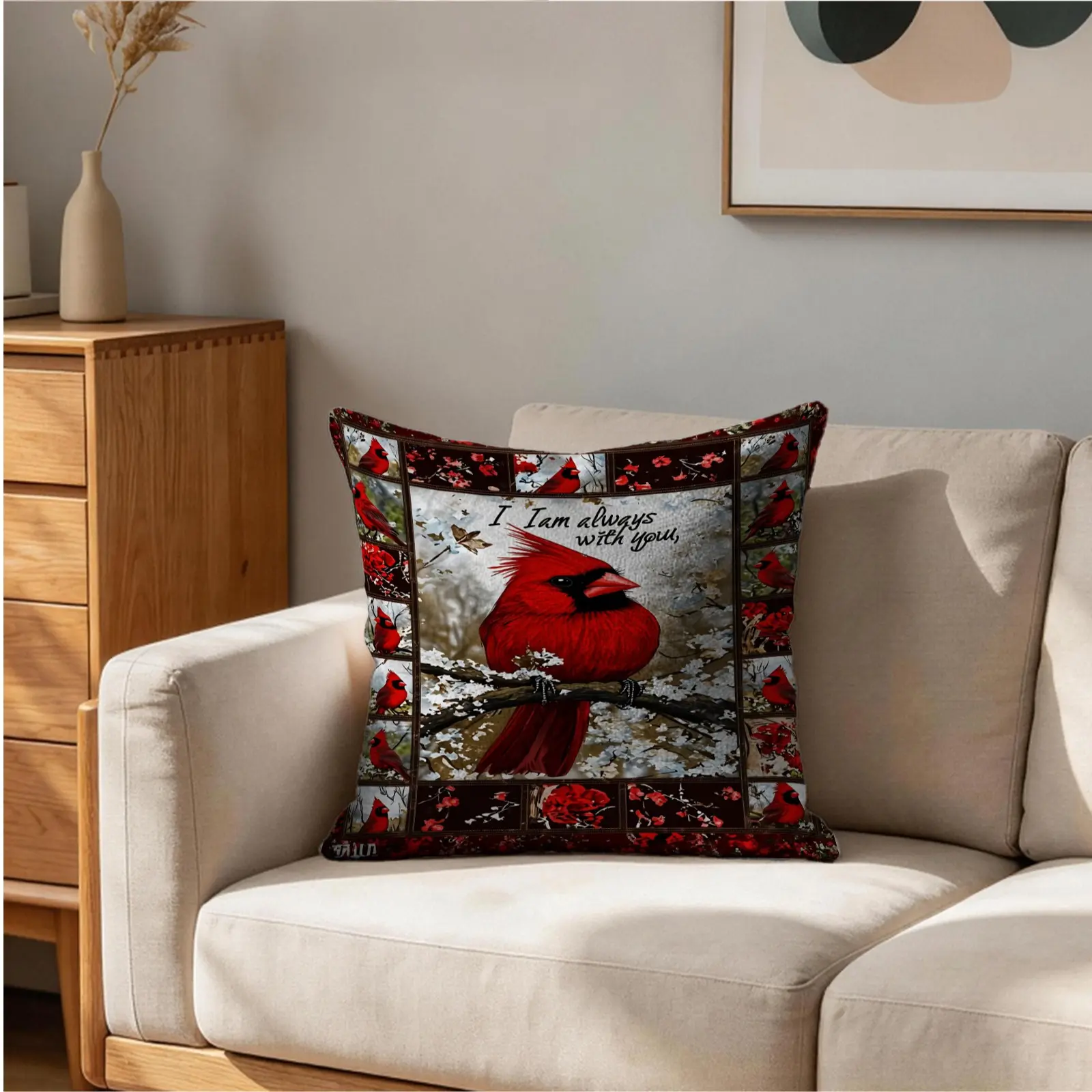 1Pc Red Cardinal Floral Throw Pillow, Rustic Patchwork Decorative Cushion, Sympathy Gift Accent Pillow Includes Pillow Core, Creates Warm Comforting Vibe for Bird Lovers, Ideal for Sofa, Bedroom, Farmhouse & Living Room, Comfy Cushions