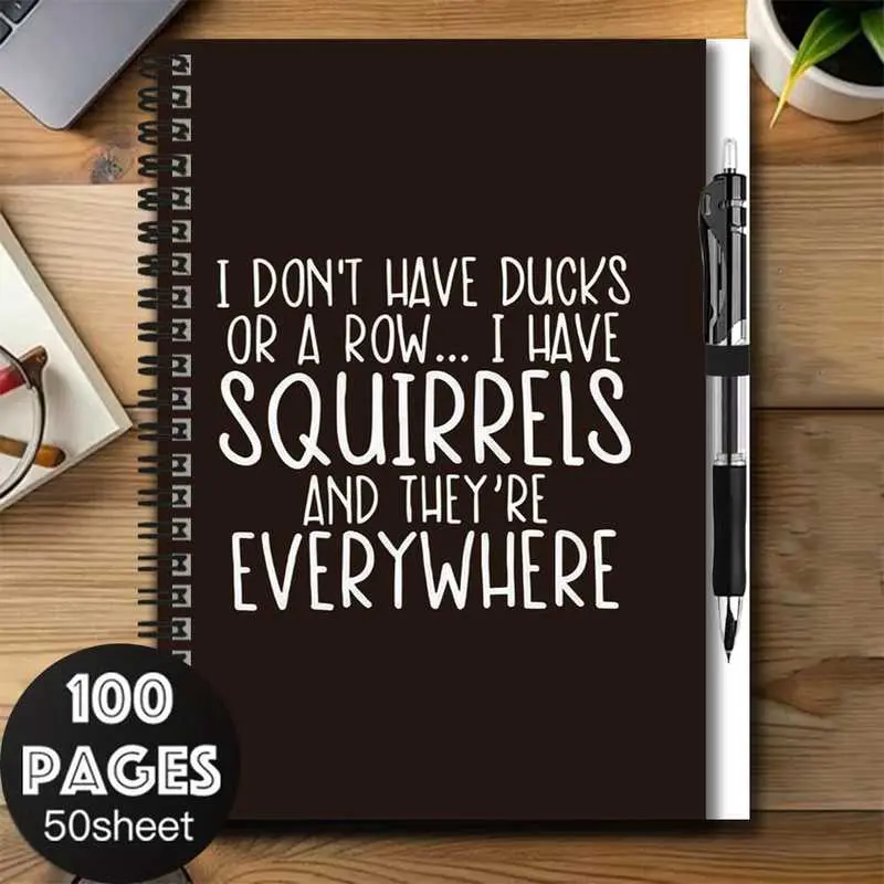 A set of creative and fun 2D cover spiral notebook and pen set, featuring a humorous design with the phrase "Squirrels Scrambling," a great companion for work and study. Suitable as a graduation gift, birthday present, for journaling, daily planning, or a