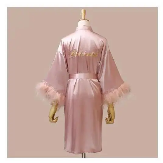 2021 New Women FEATHER Bride Bridesmaid Wedding Robe Satin Kimono Bathrobe Gown Nightwear Embroidery Letter Nightgown Lingerie