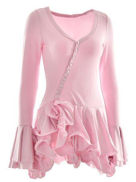 Women's Plain Ruffle Trim Button Dress, Elegant Street Fashion Long Sleeve Dress for Party Club Dating Wear, Ladies Dress for All Seasons