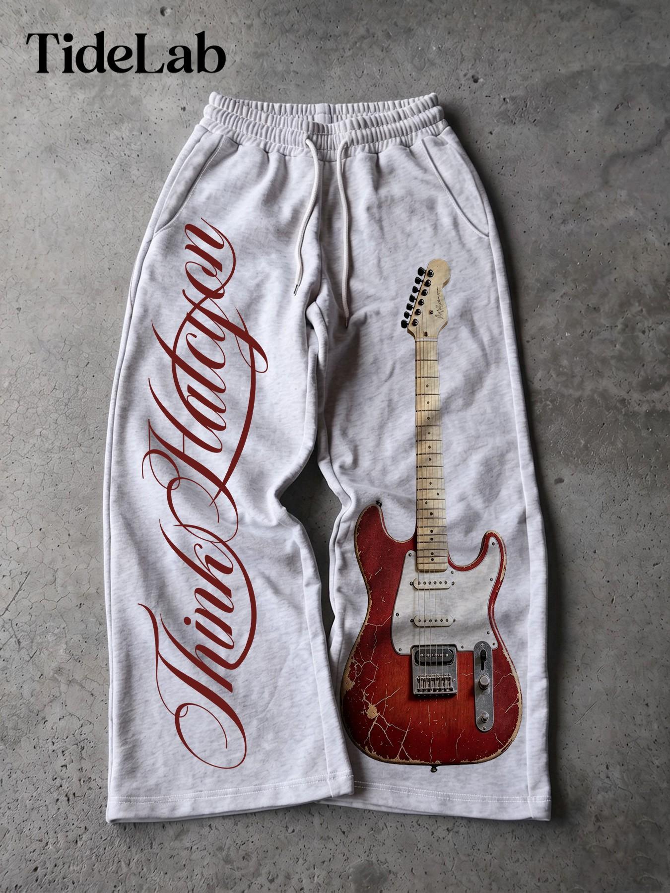 Unisex Vintage Electric Guitar Print Comfy Loose-Fit Classic Relaxed Fit Casual Pants, Classic Streetwear Style, Ideal for Daily Wear and Music Festivals