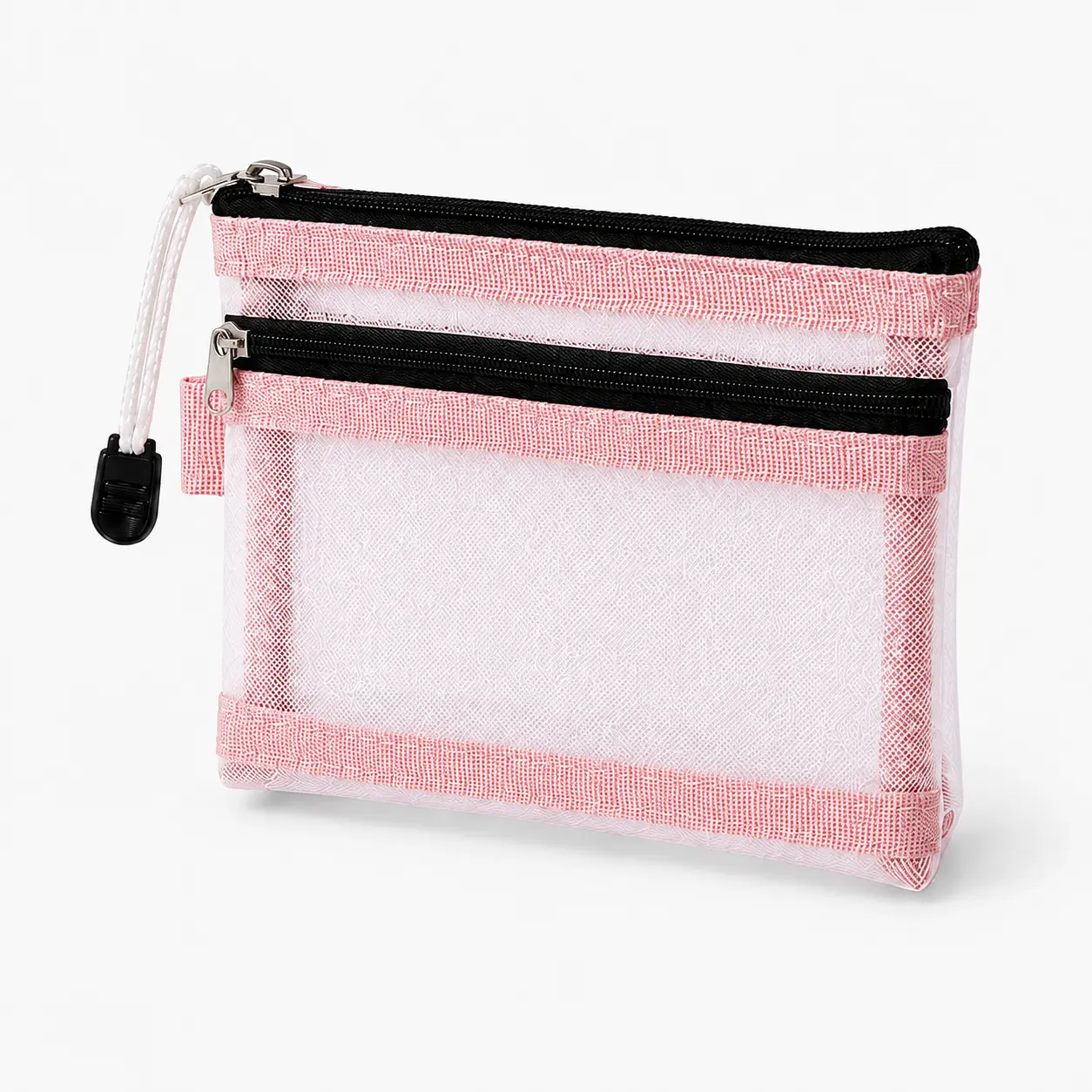 1PC Pink Mesh Zipper Pouch, Double-Compartment Cosmetic Bag with Wrist Strap, Cute See-Through Pencil Case and Travel Organizer for Purse Essentials