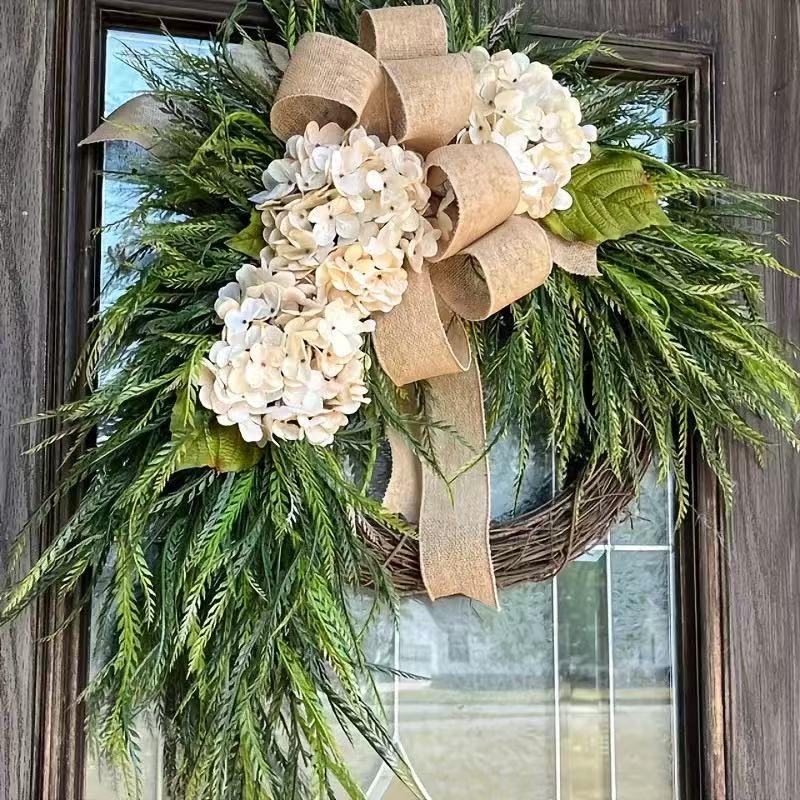 Rustic Hydrangea Wreath Hanging Decor, Bohemian Plastic Floral Door Hanger, Linen Bow and Leaves, Farmhouse Style, Holiday Decoration