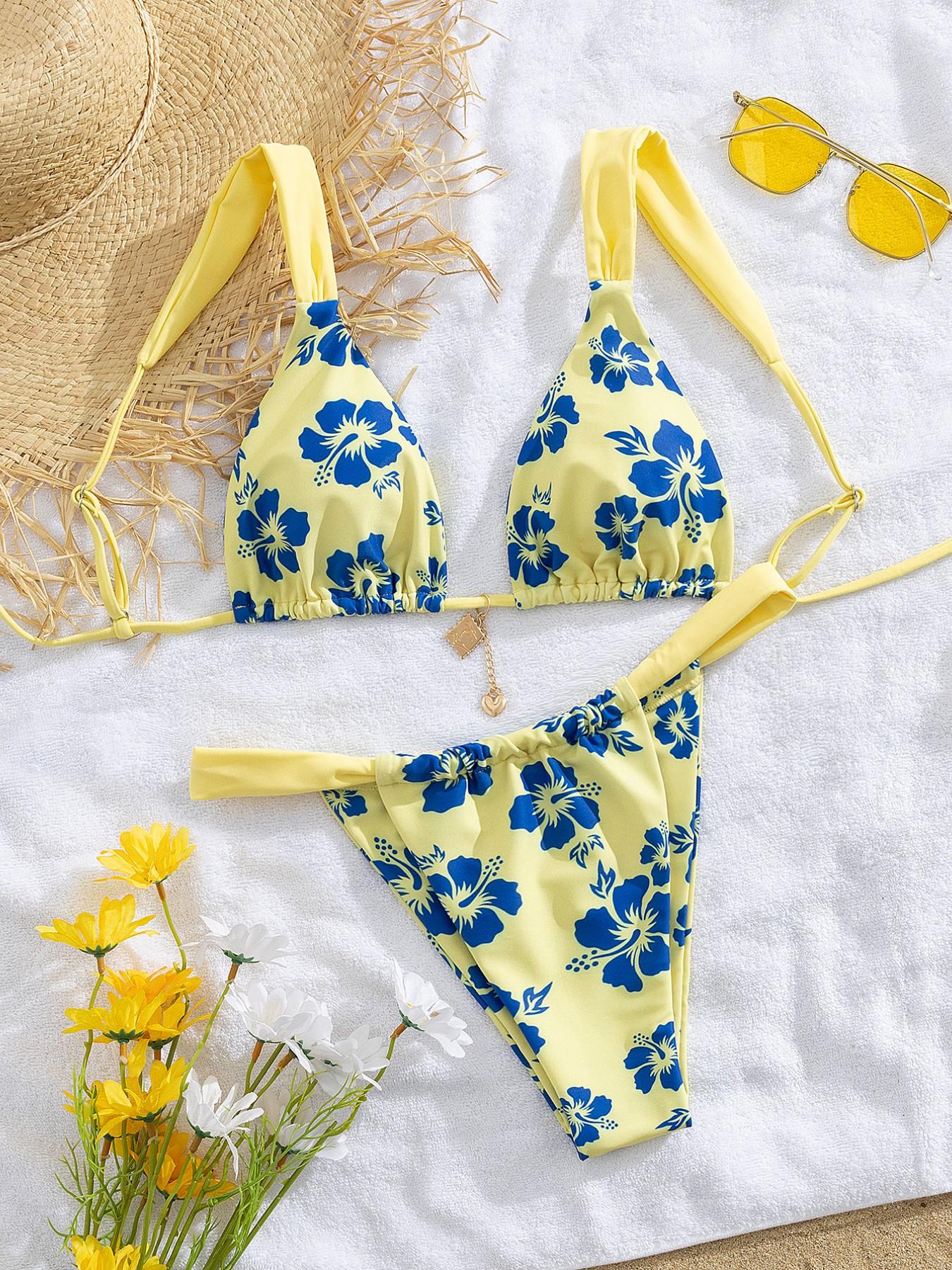 Women's Patchwork Print Bikini Set, Casual Adjustable Strap Tie Back Swim Top & Swim Bottom, Women's Swimsuit for Summer Beach Holiday Vacation, Patchwork Bikini Sets