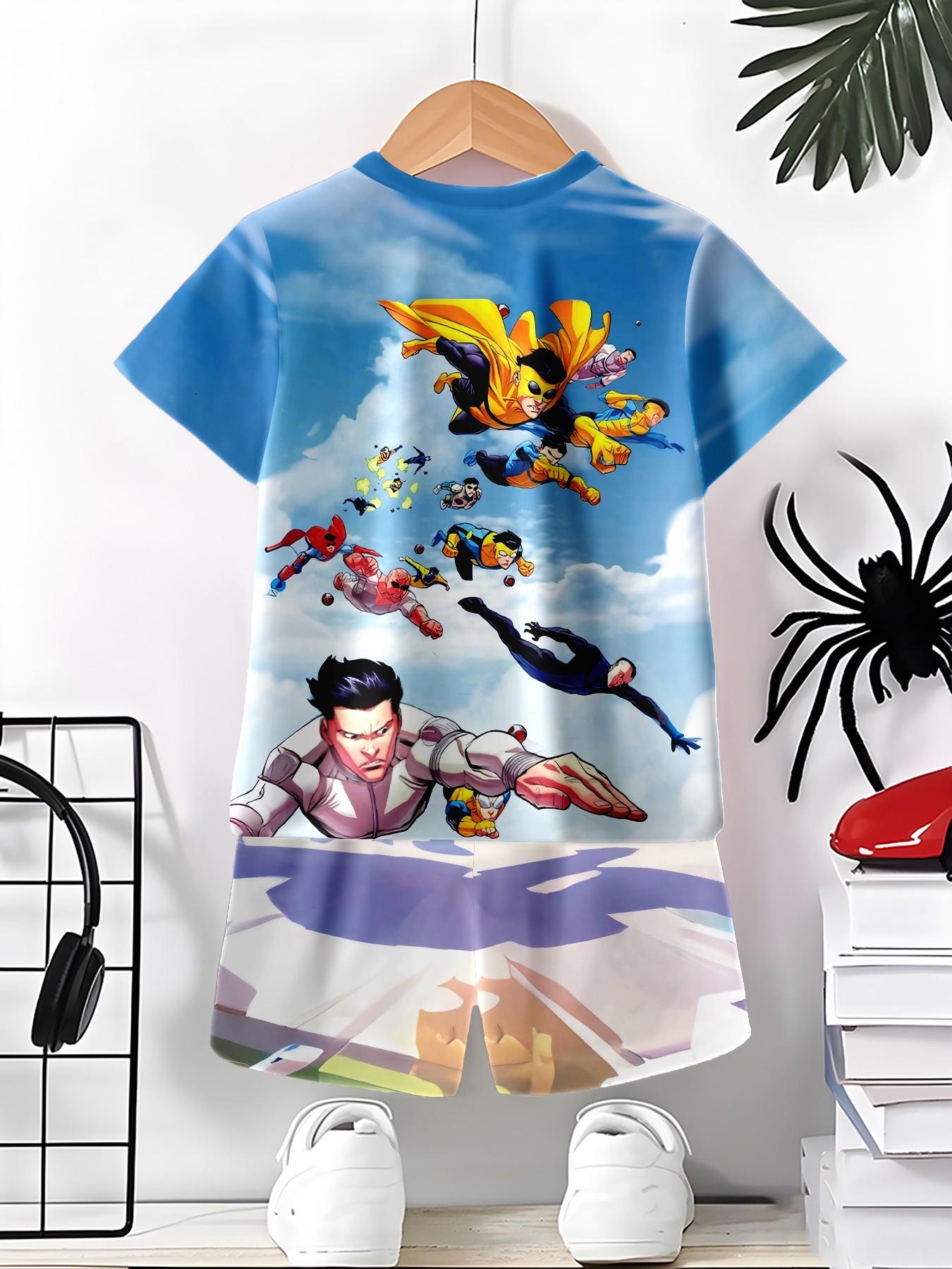 Boys' Superhero Costume Set, Casual Fitted Shorts Suit, All over Print, Perfect for Outdoor Activities, Birthday & Holiday Gifts