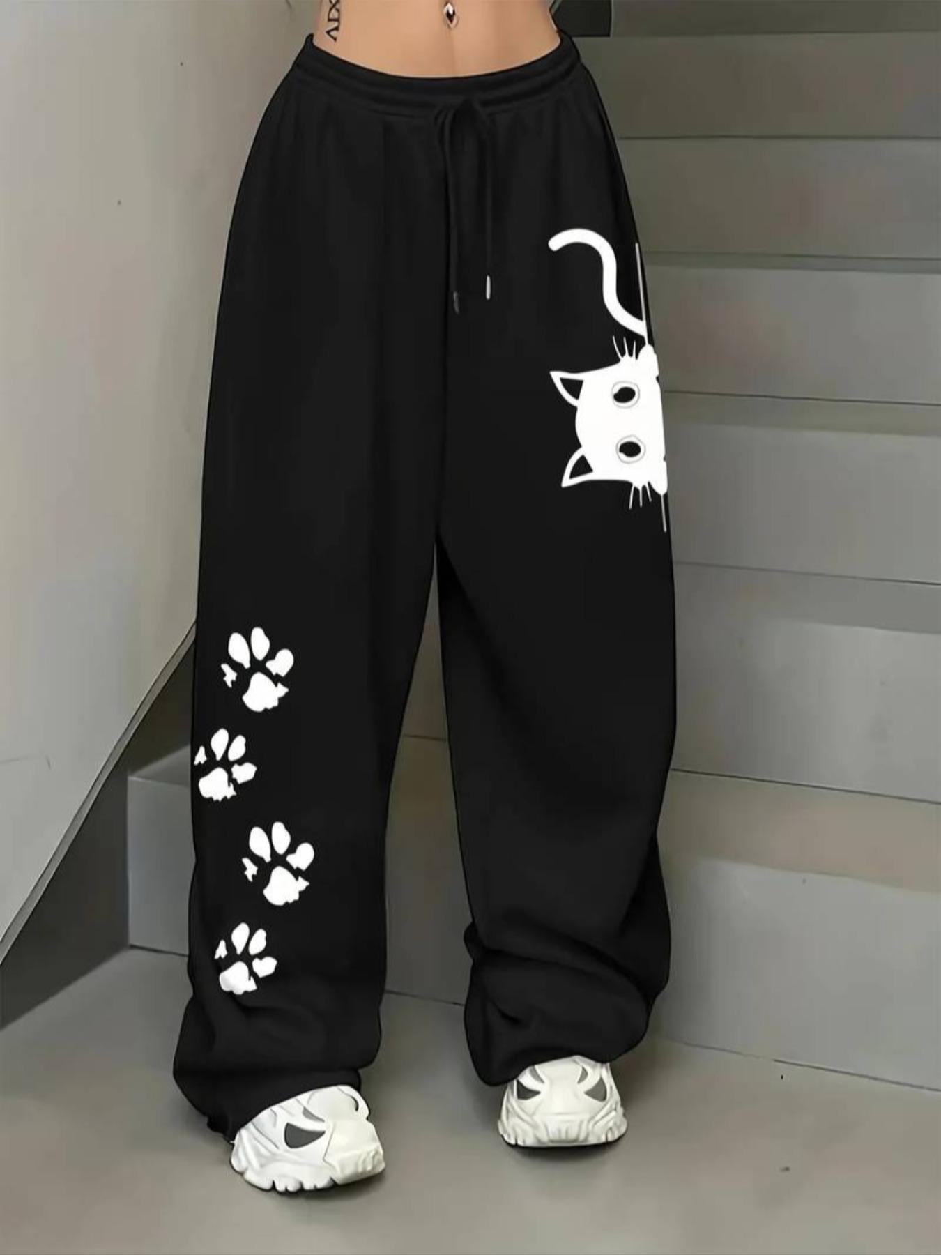 Women's Y2K Baggy Sweatpants Cute Cat Print Wide Leg Pants High Waisted Drawstring Casual Streetwear Kawaii Cat Paw Lounge Pants for Women Trendy 2025 Fashion Black Athleisure Trousers, Kawaii Streetwear for Women Casual Fashion Loose