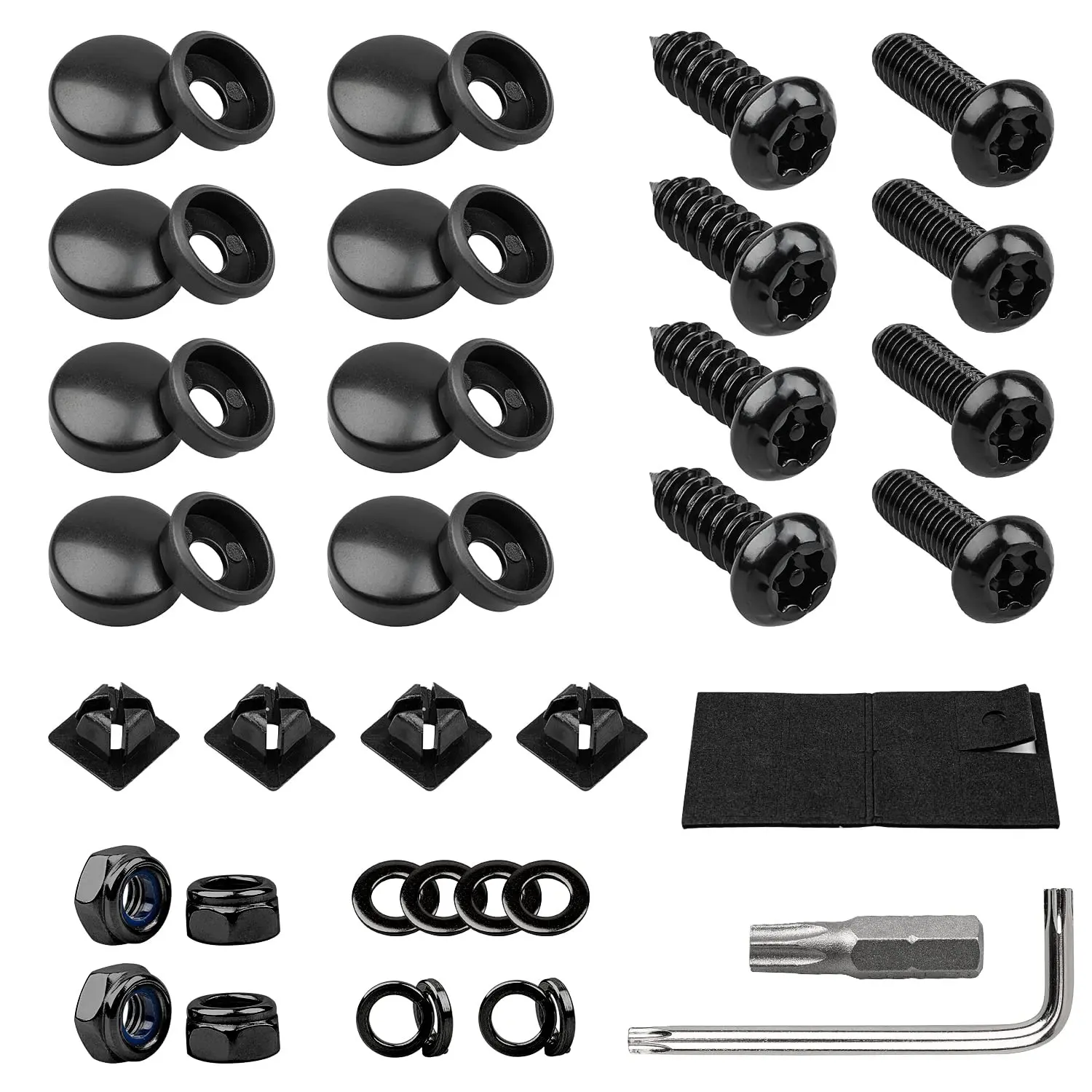 License Plate Screws Kit, Black Anti-Theft Stainless Steel M6 (1/4") Tamper Proof Screws with Fastener Nuts and Cover Caps for Front Rear Frame Holder MountingGift
