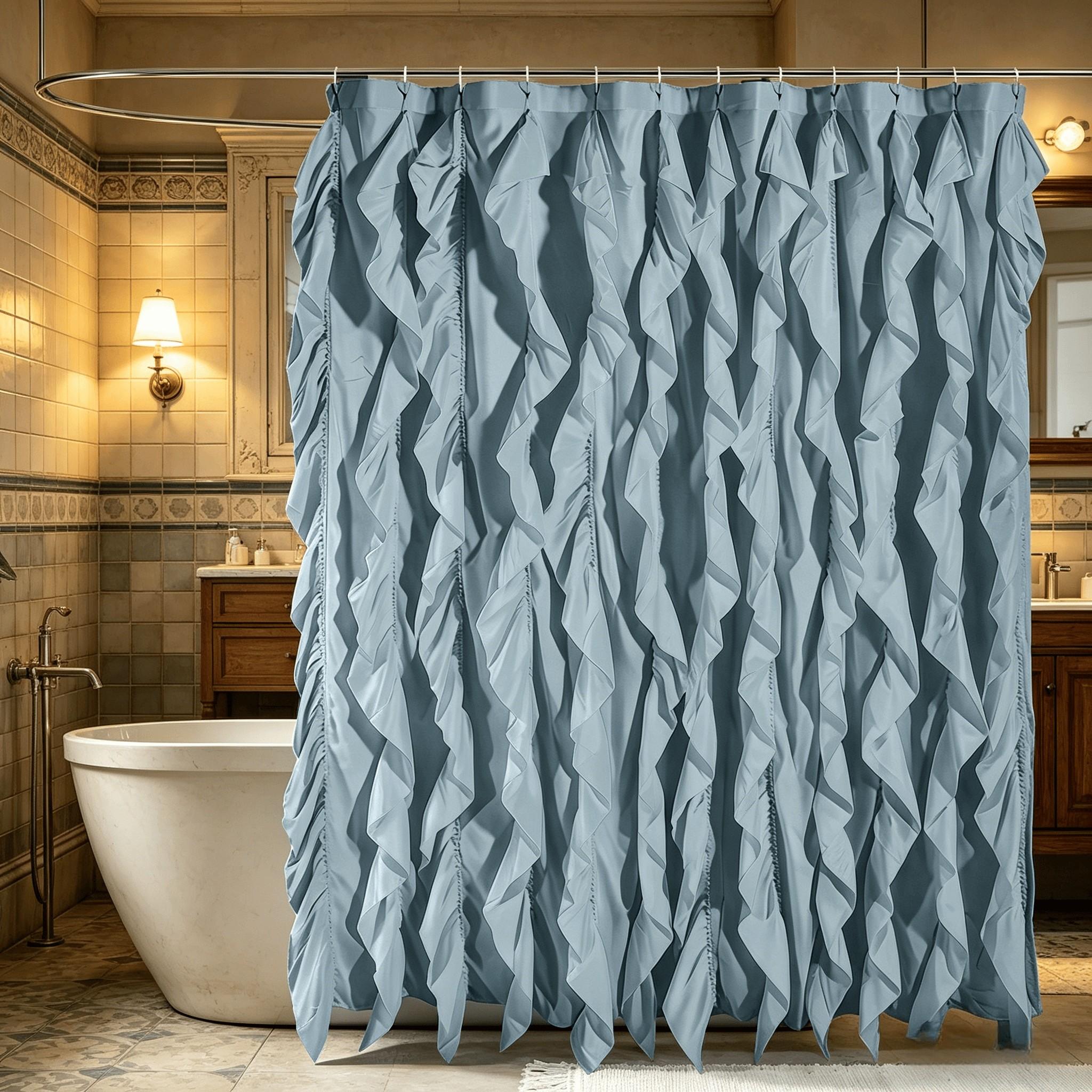 Elegant Ruffled Fringe Bath Curtain, Polyester Fiber, Artistic Ripple Design, Easy Hang Hook, Bathroom Decor, Stylish Shower Curtain