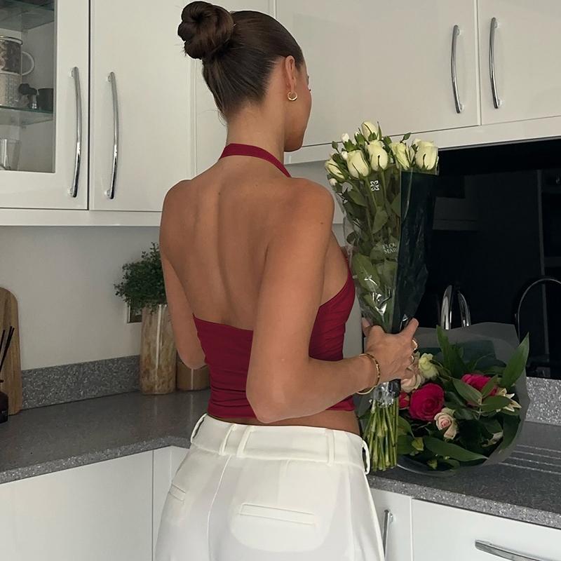 Women's Solid Ribbed Halter Neck Tank Top, Active Top, Casual Sleeveless Top for Daily Wear, Ladies Clothes for All Seasons