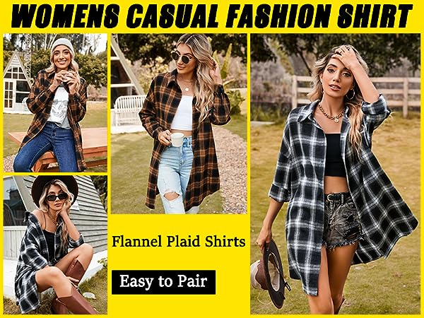 Blooming Jelly Women's Button Down Flannel Shirts Plaid Shacket Long Sleeve Collared Long Jacket Coats #Springtok