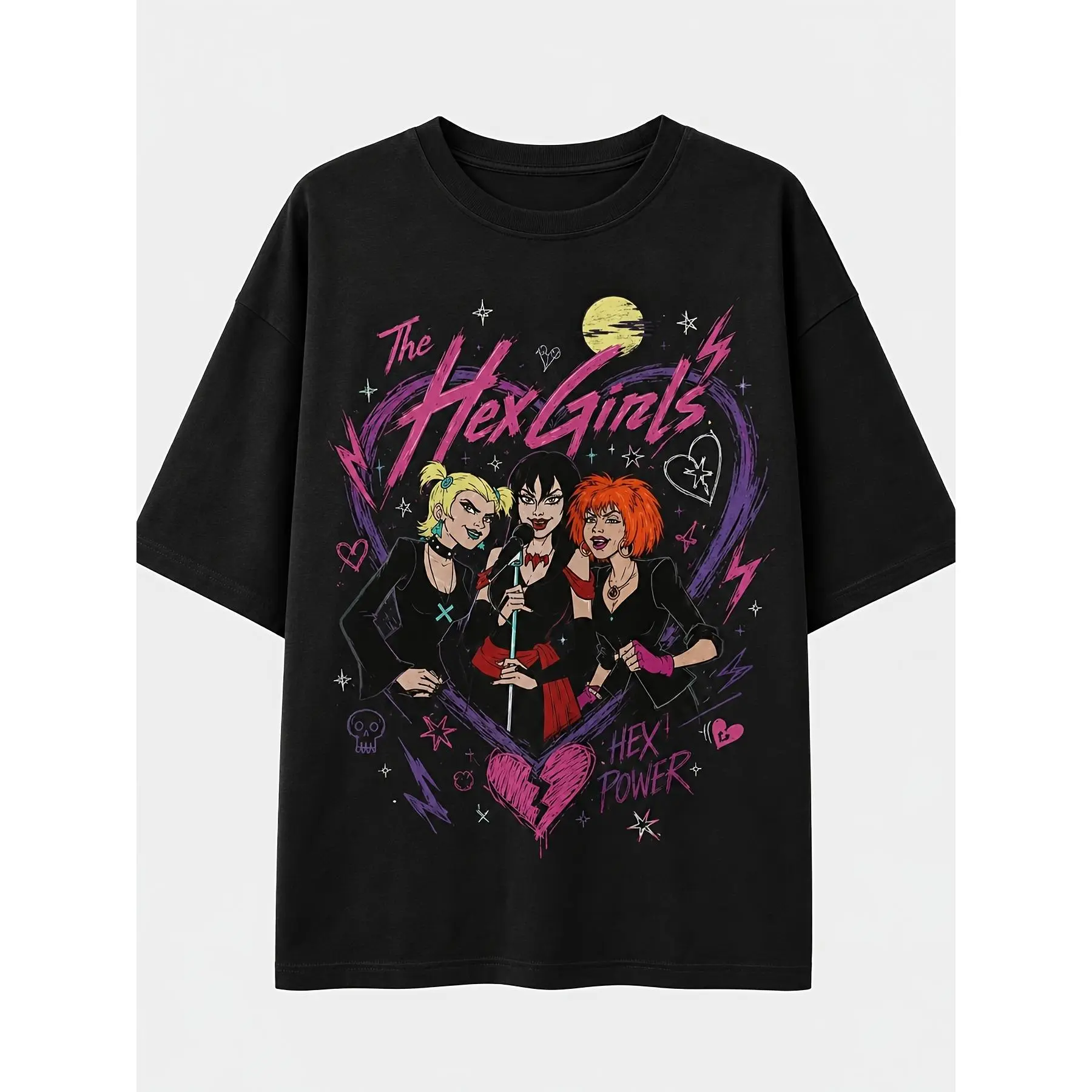 Women's The Hex Girls Punk Graffiti Heart Print Round Neck Loose T-Shirt - 220G 100% Fabric, Unisex Menswear Outfits, Soft All-Season Casual Streetwear Essential, Affordable Daily Wear, Perfect Christmas Gift for Fans
