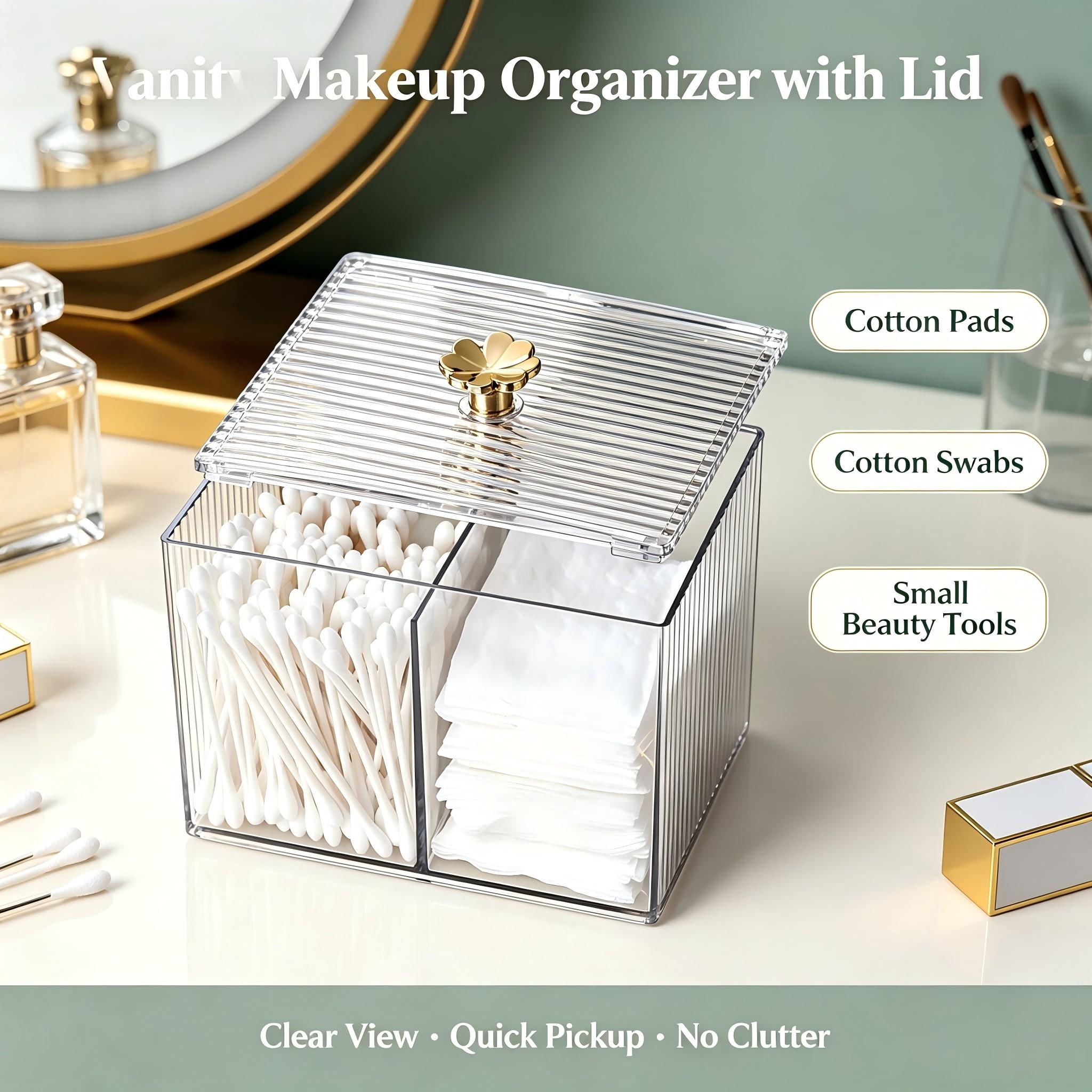 Clear Acrylic Makeup Organizer, 2‑Compartment Dustproof Vanity Storage Box with Lid, Ribbed Cosmetic Container with Lucky Clover Gold Knob for Cotton Pads, Q‑tips & Small Beauty Tools