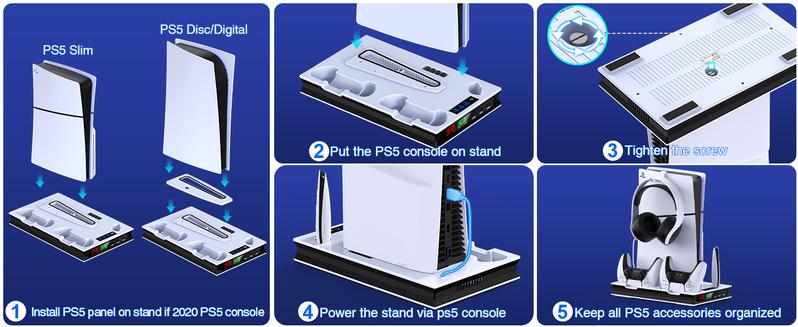 PS5 Stand and Cooling Station with Controller Charging Station for PS5 Slim/PS5/PS5 Pro, PS5 Accessories Incl,3 Levels Cooling Fan, 3 USB Hub, Headset Holder, Media Slot for PS5 Slim&PS5 Disc/Digital Console