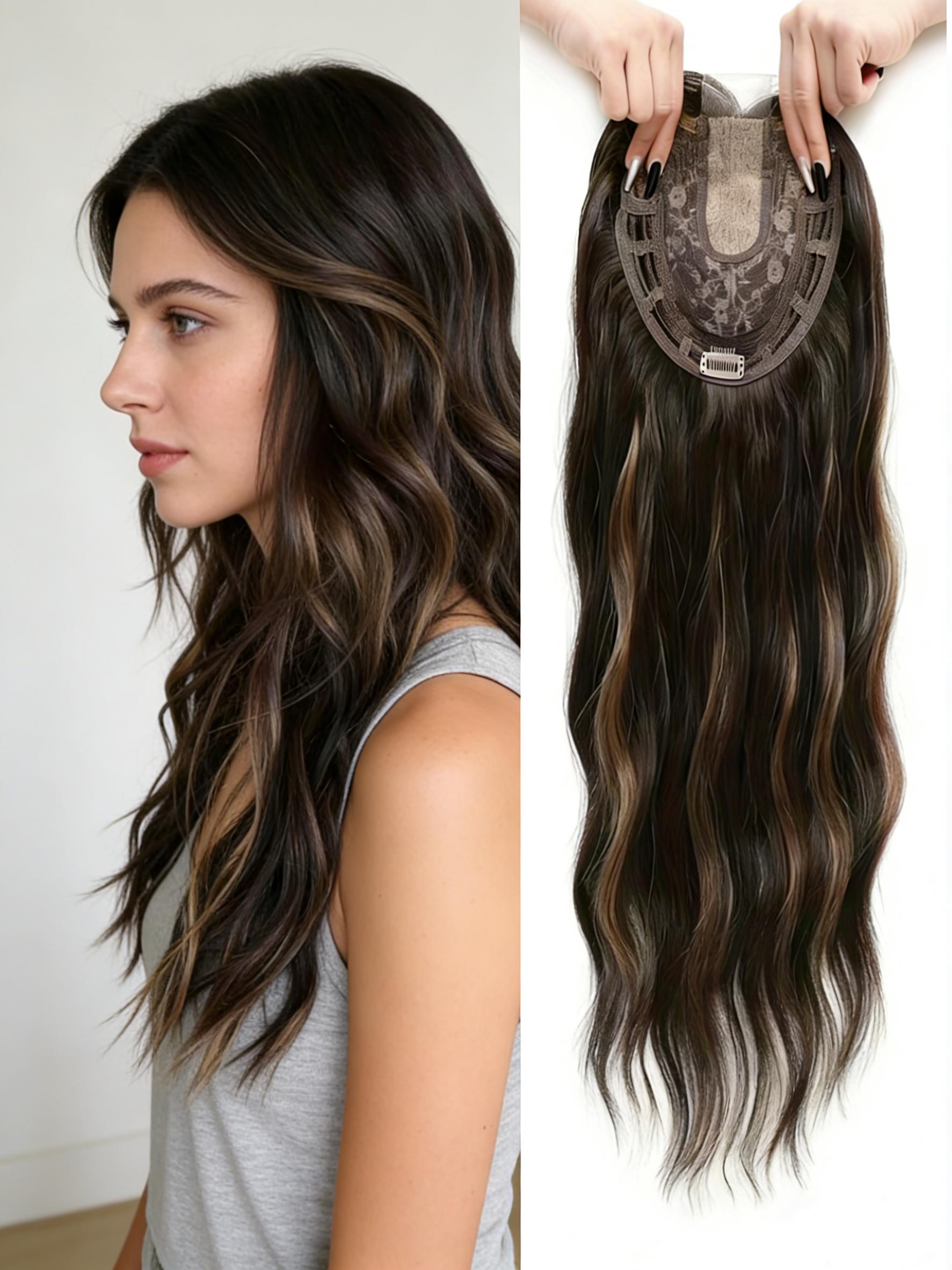 Balayage Wavy Hair Topper for Women! Ombre Synthetic Clip-In with Natural Part, Instant Volume for Thinning Hair, Effortless Beachy Waves & All-Day Confidence