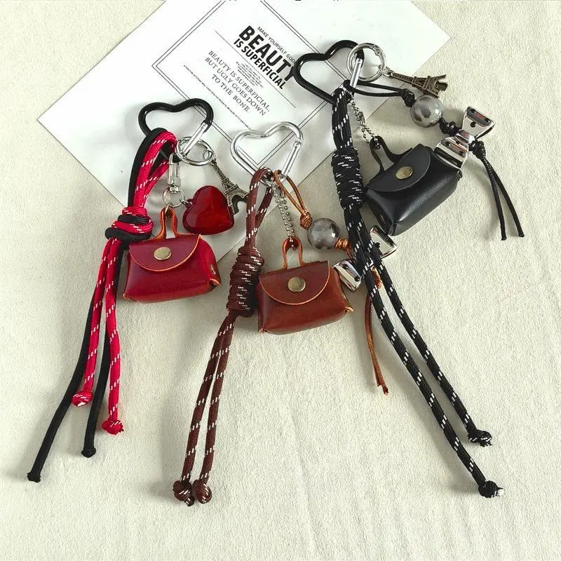 Retro Mini Leather Bag Keychain with Heart Carabiner  Braided Rope Niche Creative Purse Pendant Backpack Handbag Charm for Women Girls