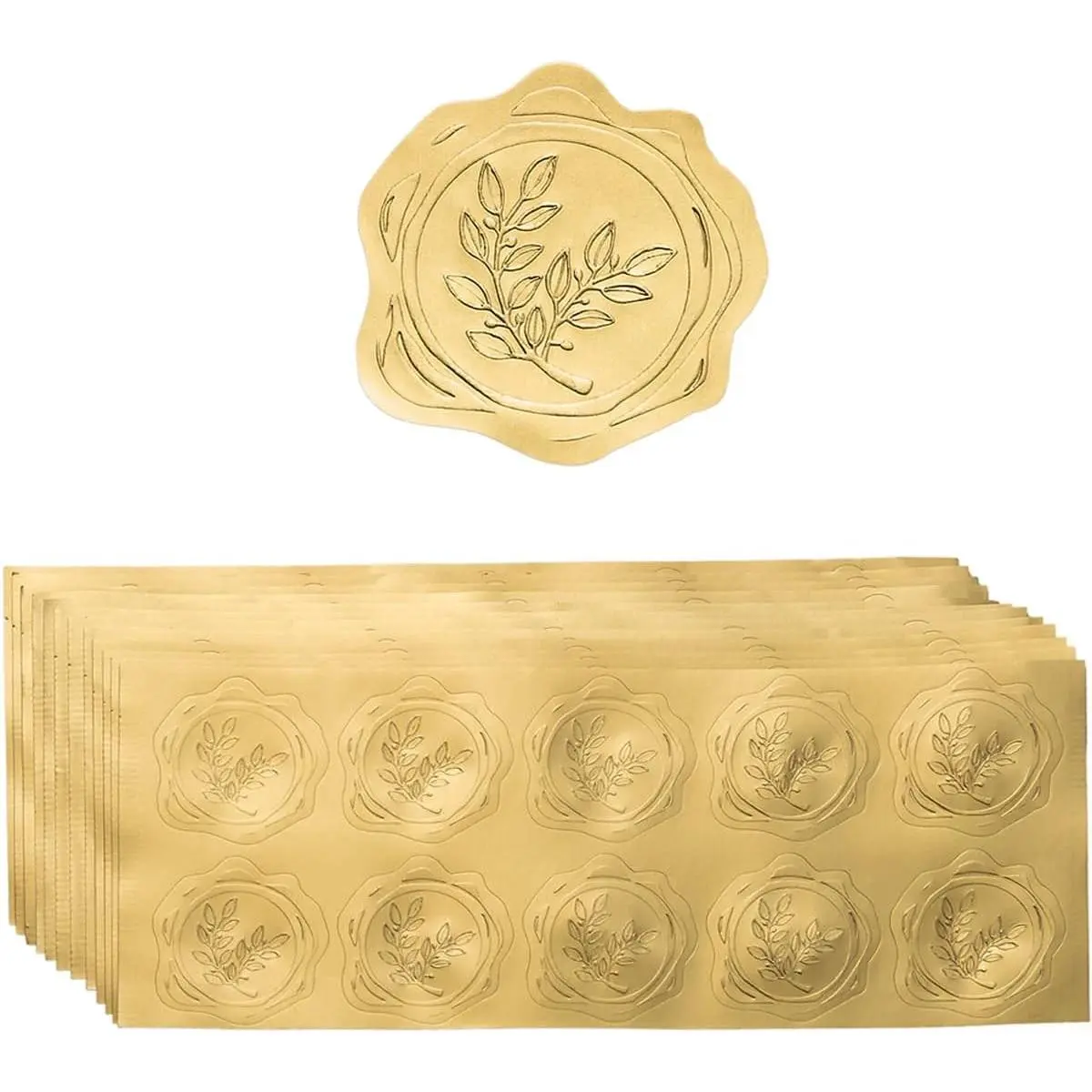 300 Pieces Embossed Gold Foil Stickers, Gold Olive Branch For Envelopes, Wedding Invitations, Christmas Greeting Cards
