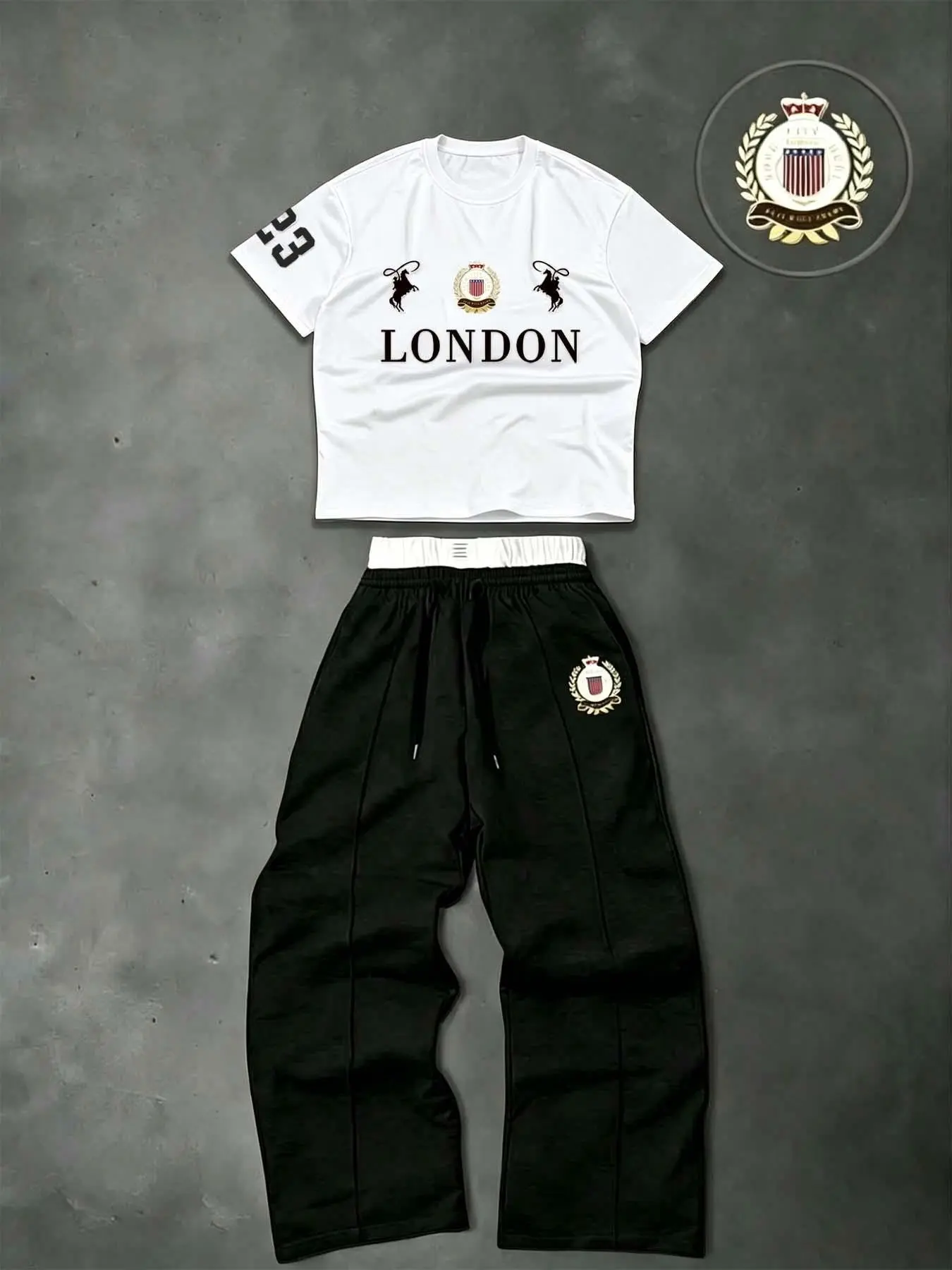 American College Style Set, Vintage British Look, Badge Print, Short Tee + Wide Leg Pants, Versatile Fashion, Perfect for Students and Workers